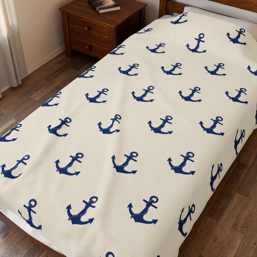 Navy Anchor Pattern Velveteen Plush Blanket | Nautical Anchors Throw