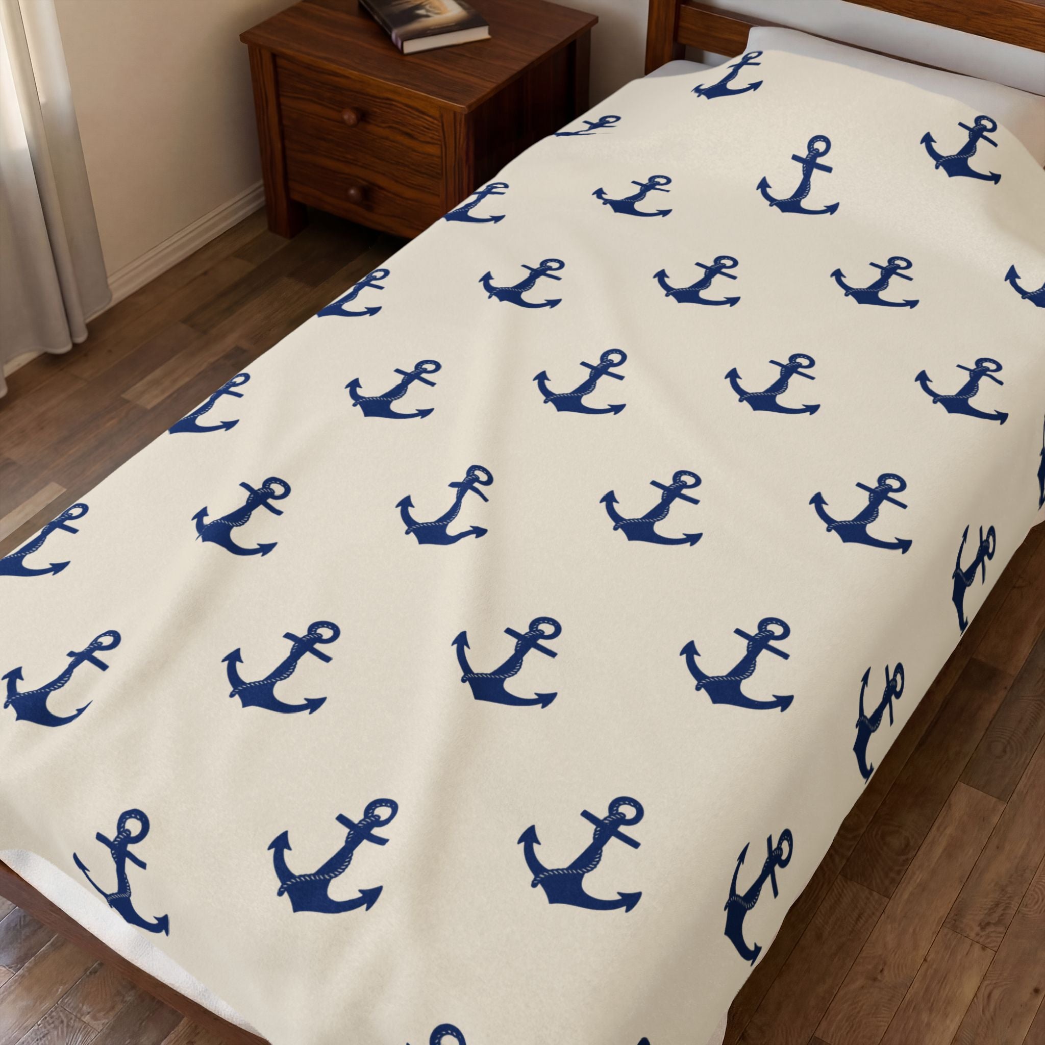 Navy Anchor Pattern Velveteen Plush Blanket | Nautical Anchors Throw