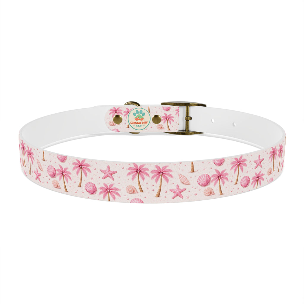 Pink Seashell Palm Tree Pattern Dog Collar | Beach Summer Print