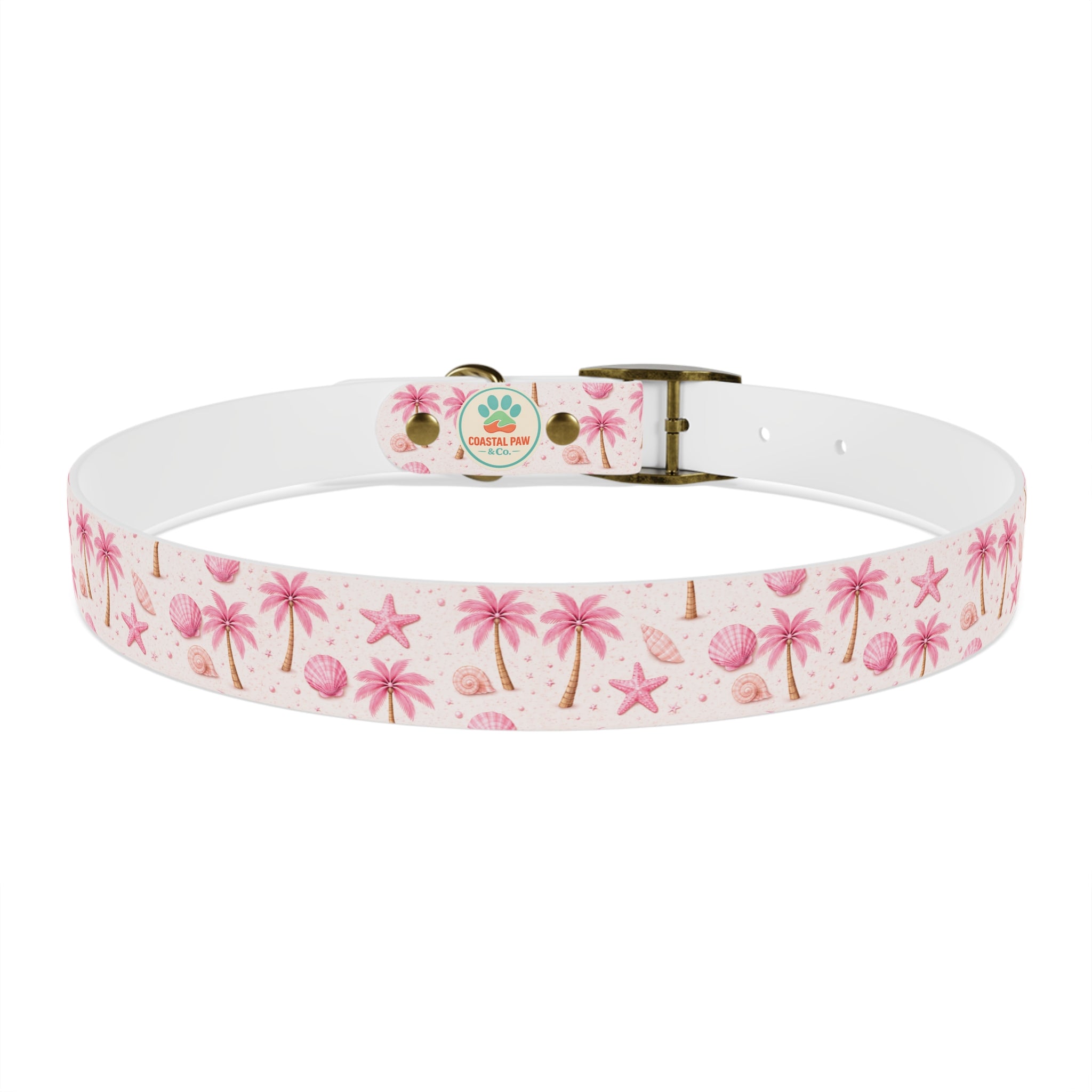 Pink Seashell Palm Tree Pattern Dog Collar | Beach Summer Print