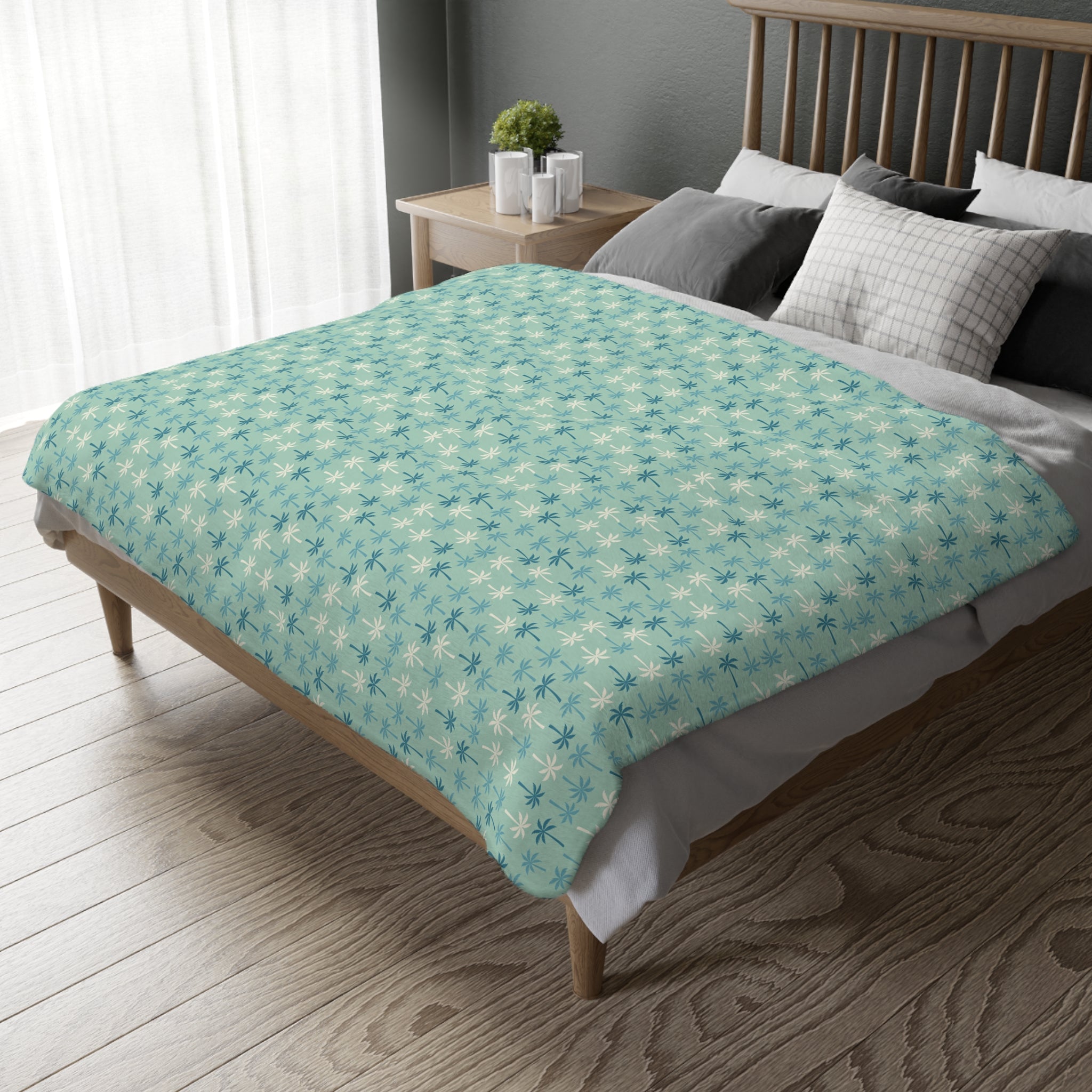 Teal Palm Pattern Blanket | Velveteen Microfiber Two-Sided Throw
