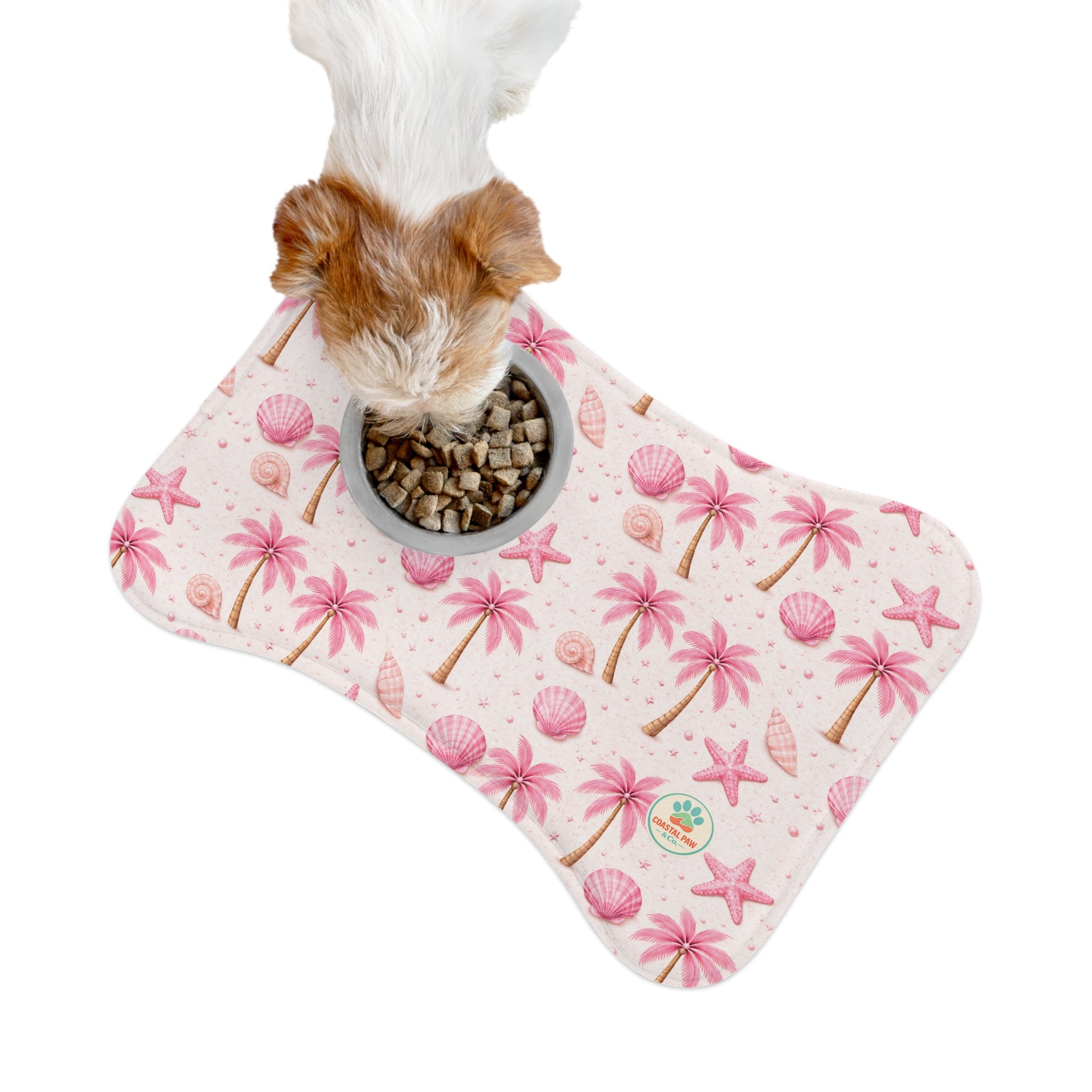 Pink Palm Trees Seashells Pet Feeding Mat | Spill proof Non-slip Placemat