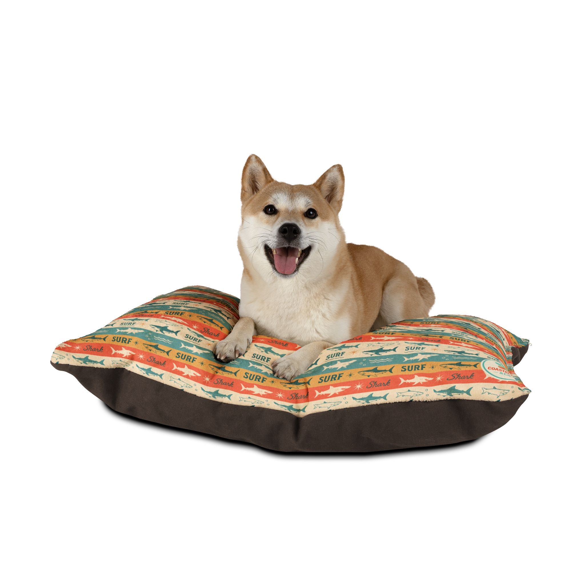 Retro Surf Sharks Pet Bed | Beach Stripes, Orange Teal Pattern