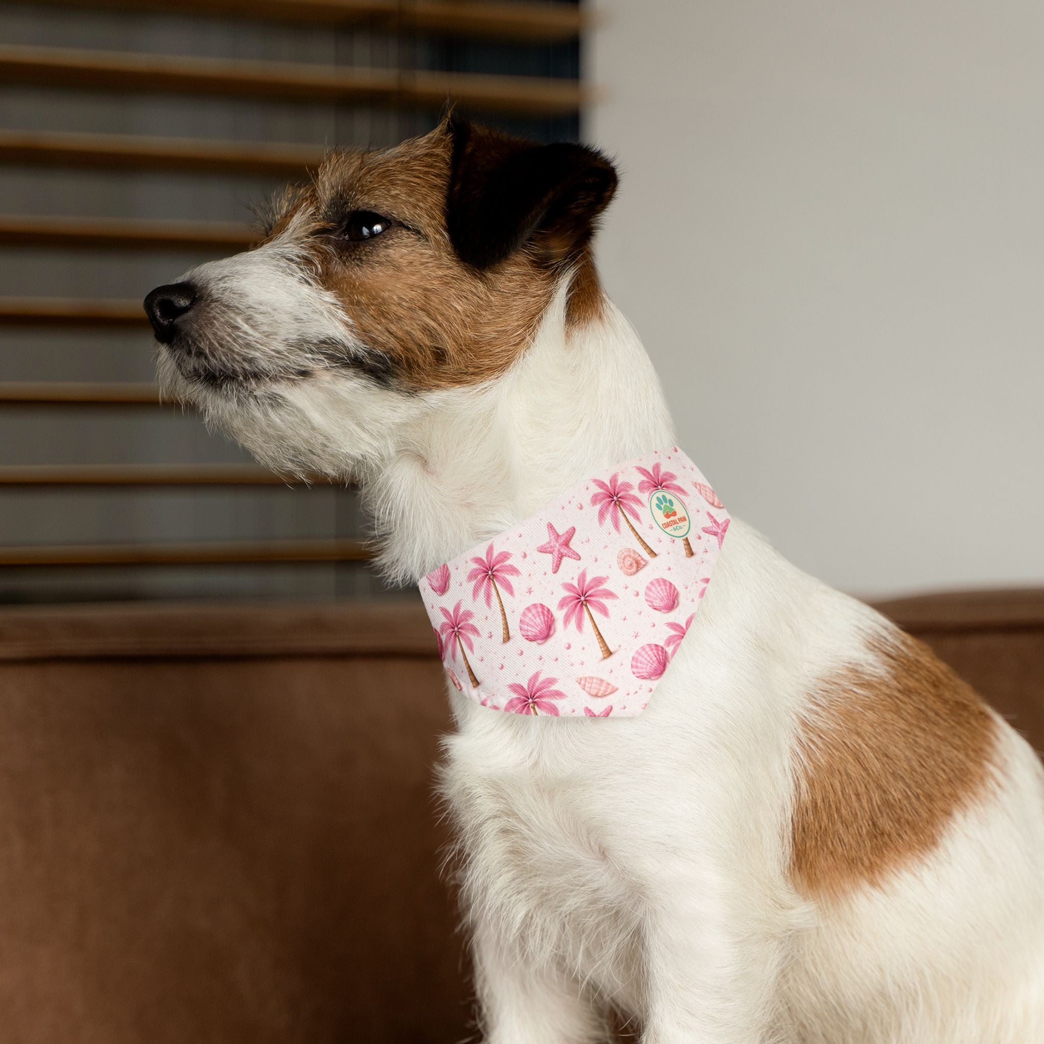 Pink Palm Trees Seashells Pet Bandana Collar | Tropical Beach Print