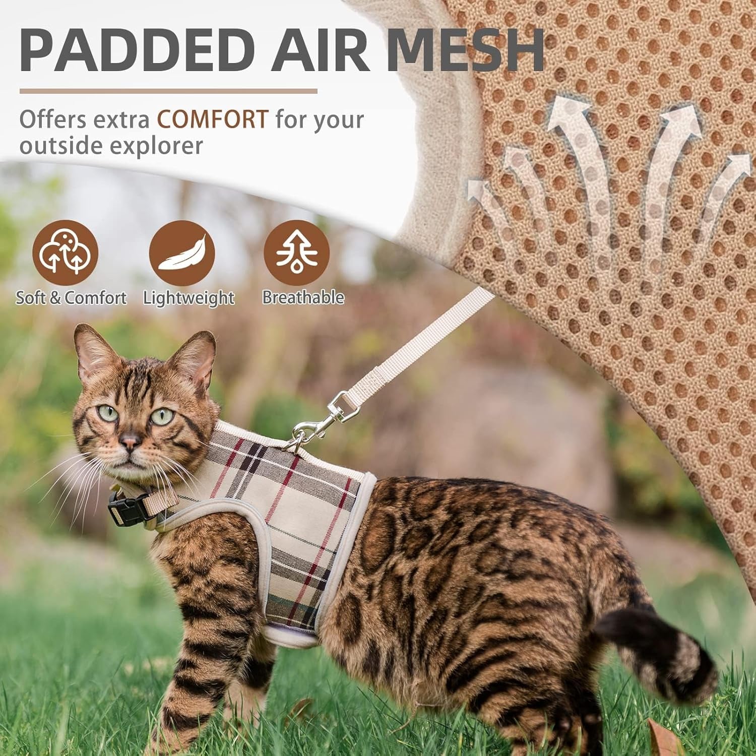 Soft Mesh Cat Vest Harness and Leash Set Puppy Padded Pet Harnesses Escape Proof for Cats Small Dogs Rabbits Bunny, Plaid Beige, M