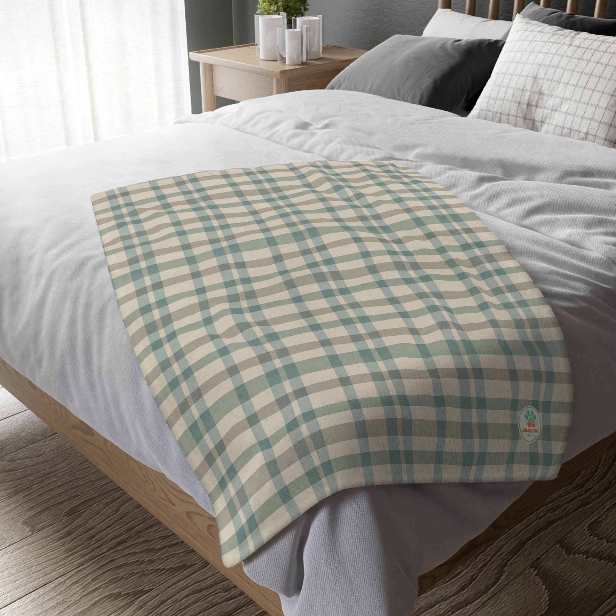 Blue Plaid and Palm Trees Blanket | Reversible Two-Sided Throw
