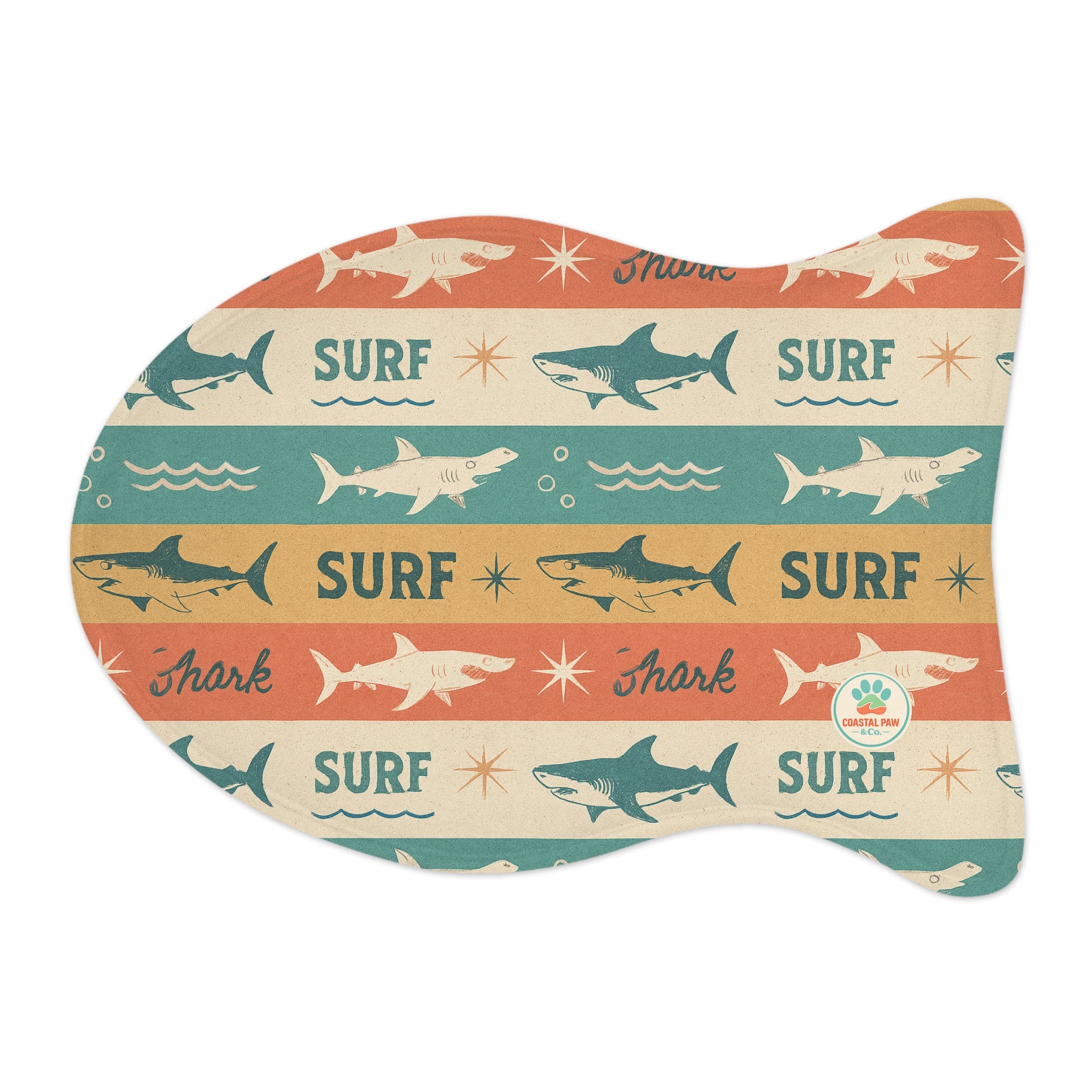 Retro Surf Sharks Pet Feeding Mat | Bone-Shaped Placemat for Pets