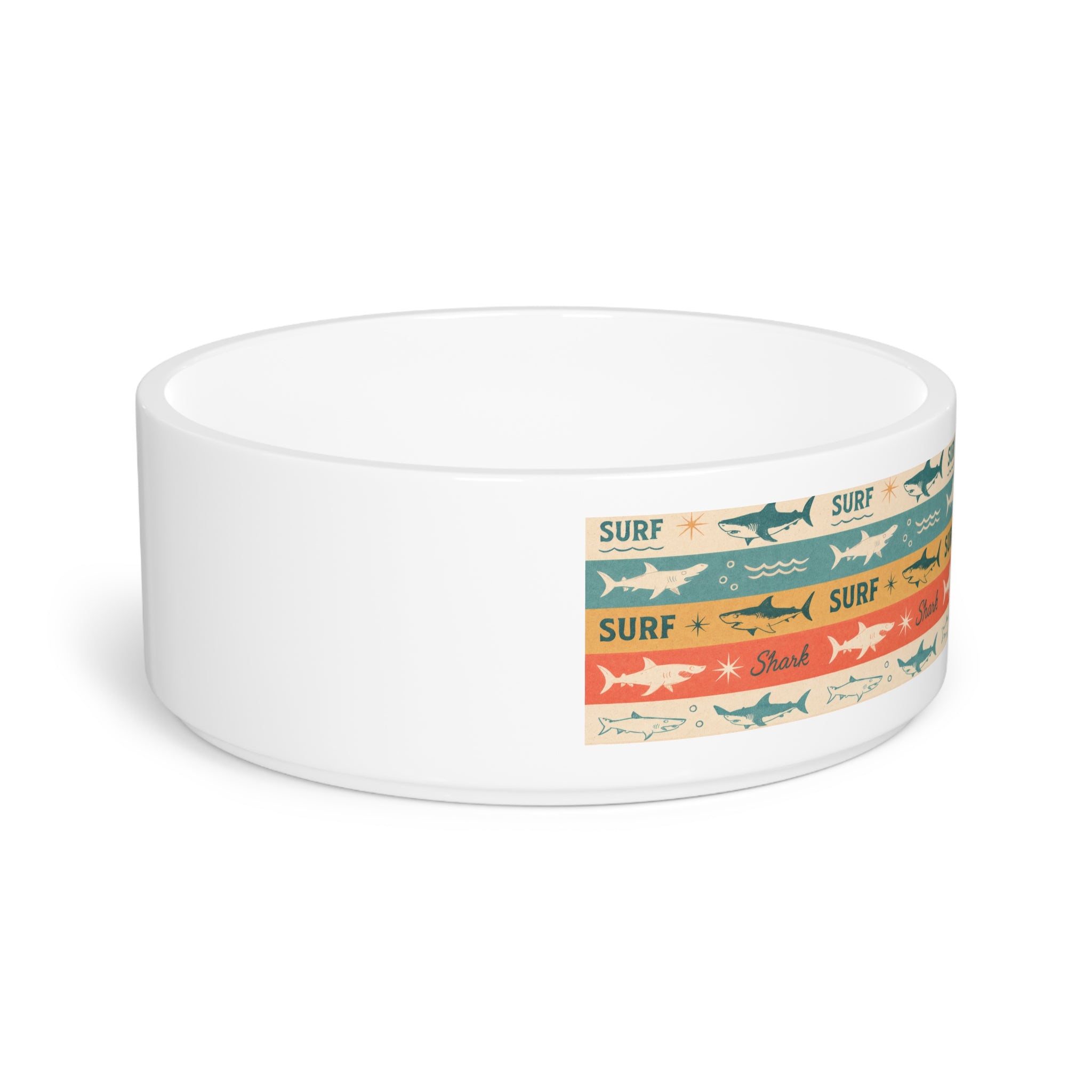 Retro Surf Sharks Pet Bowl | Coastal Stripes, Nautical Dog Cat Bowl