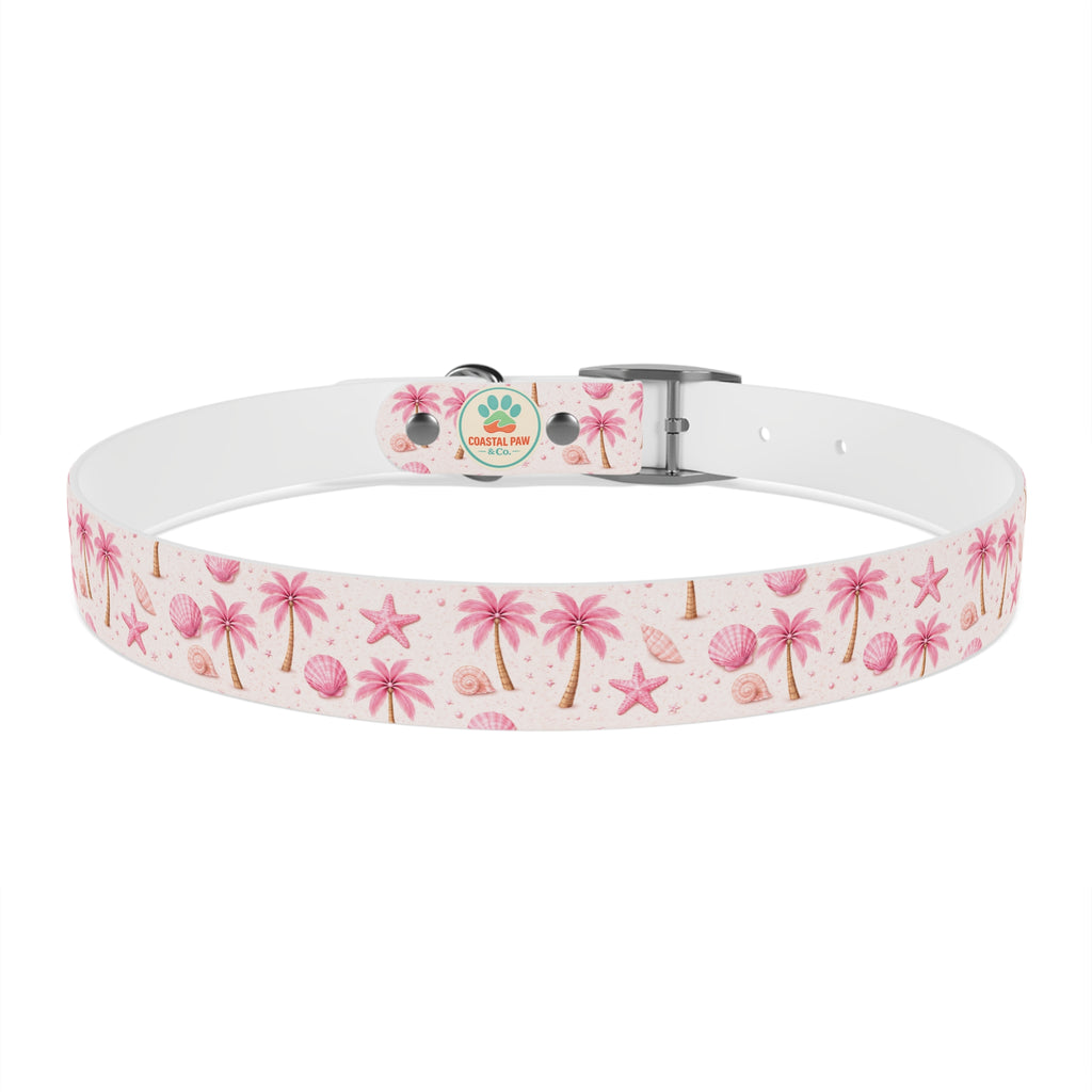 Pink Seashell Palm Tree Pattern Dog Collar | Beach Summer Print