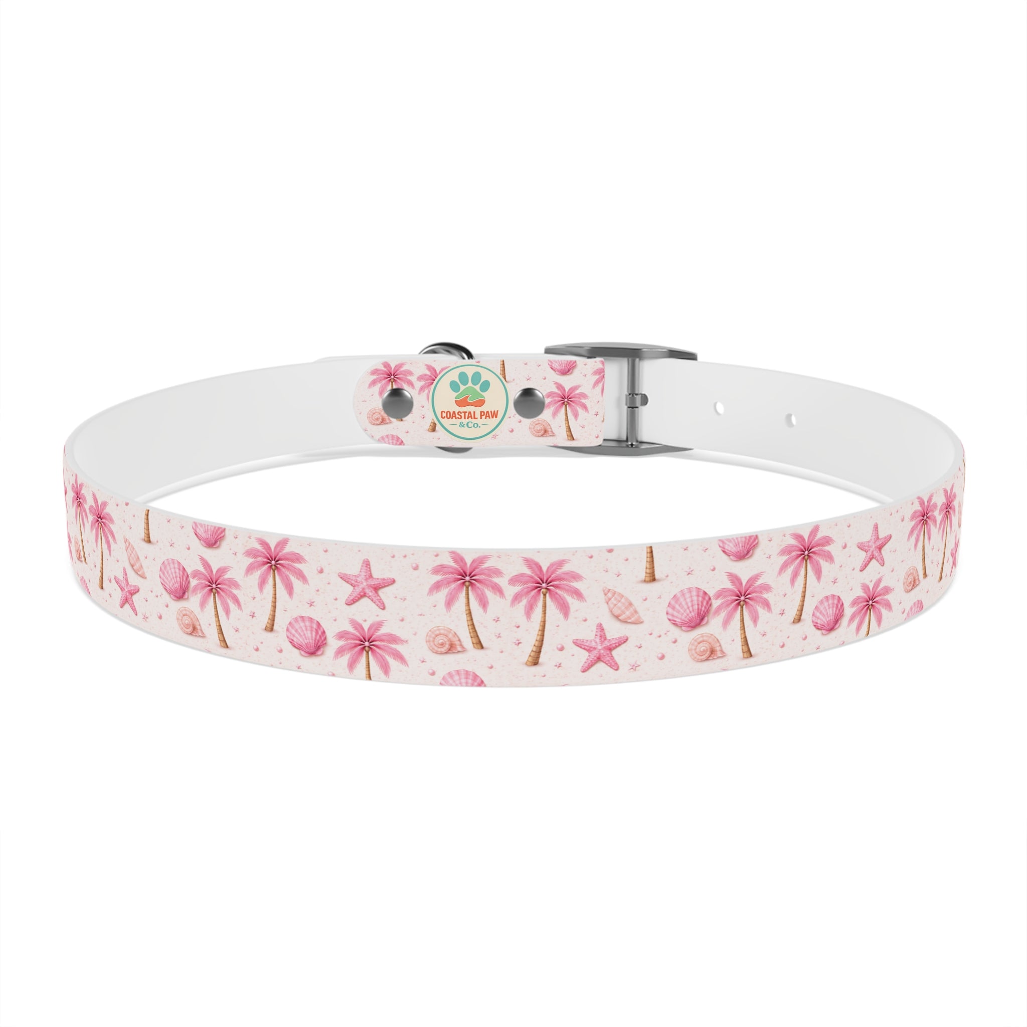 Pink Seashell Palm Tree Pattern Dog Collar | Beach Summer Print