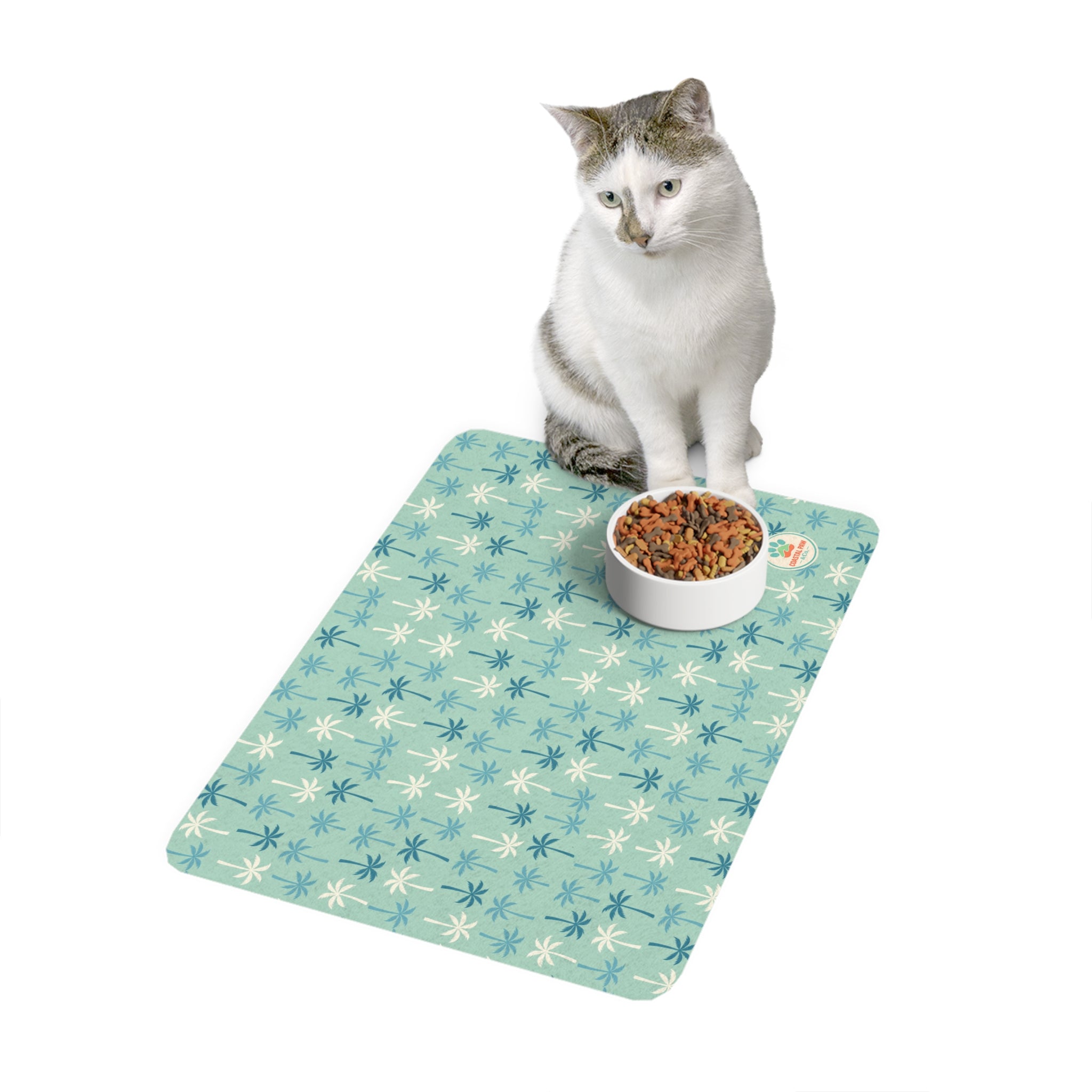 Teal Palm Tree Pattern Pet Food Mat