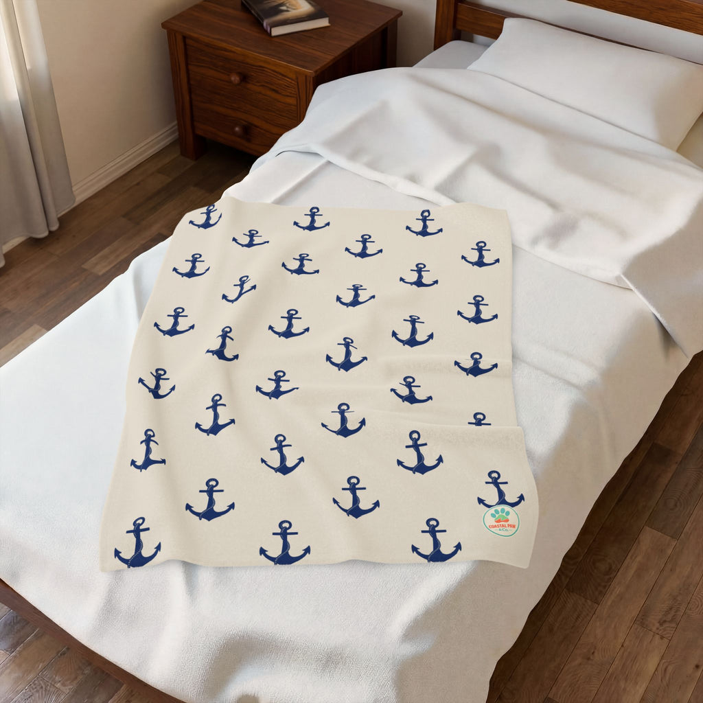 Navy Anchor Pattern Velveteen Plush Blanket | Nautical Anchors Throw