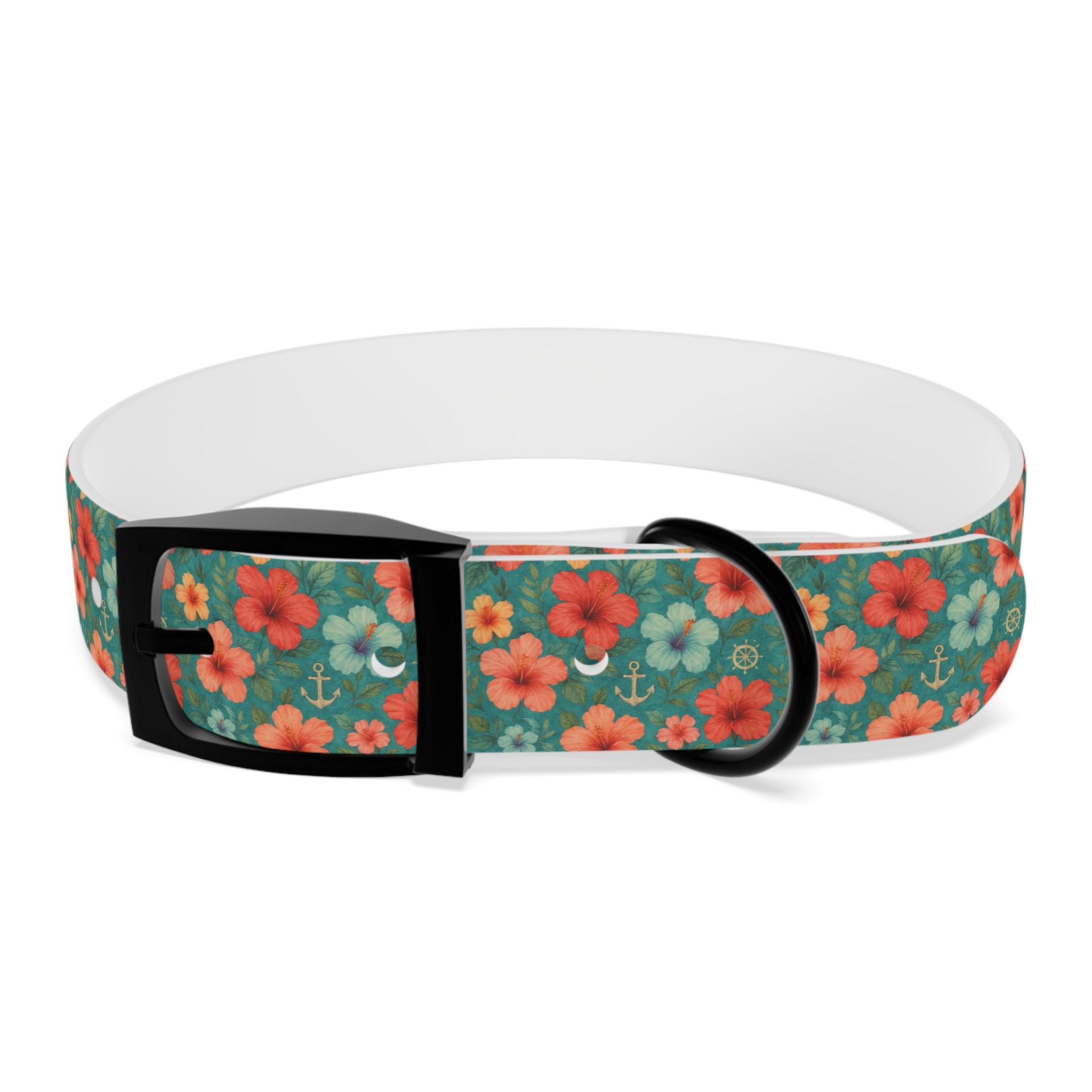 Tropical Hibiscus Pattern Dog Collar | Coral Floral on Teal