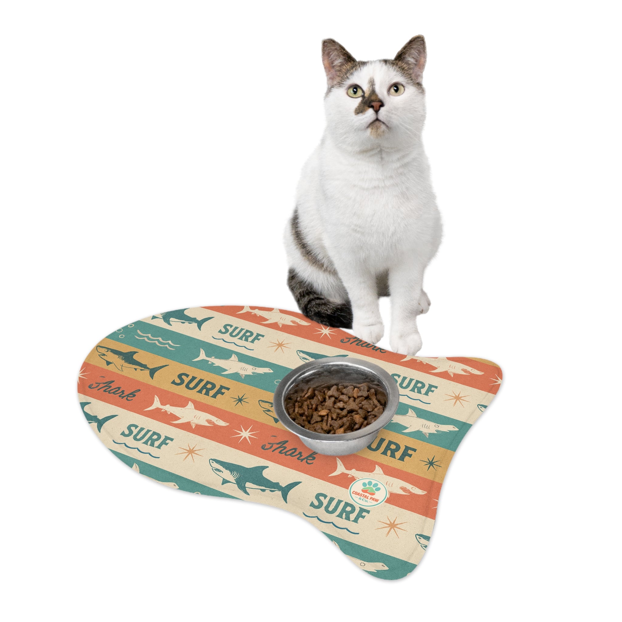 Retro Surf Sharks Pet Feeding Mat | Bone-Shaped Placemat for Pets