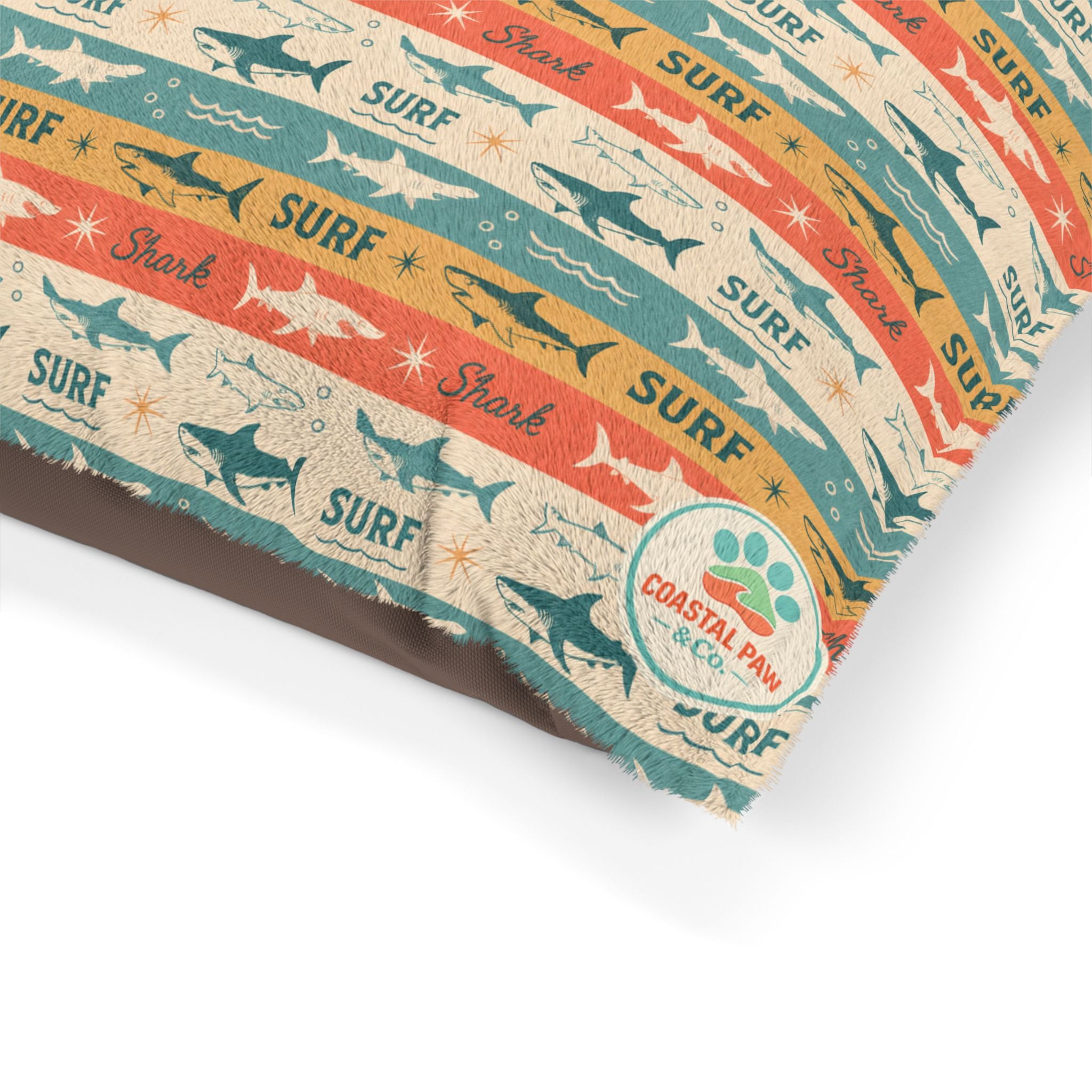 Retro Surf Sharks Pet Bed | Beach Stripes, Orange Teal Pattern