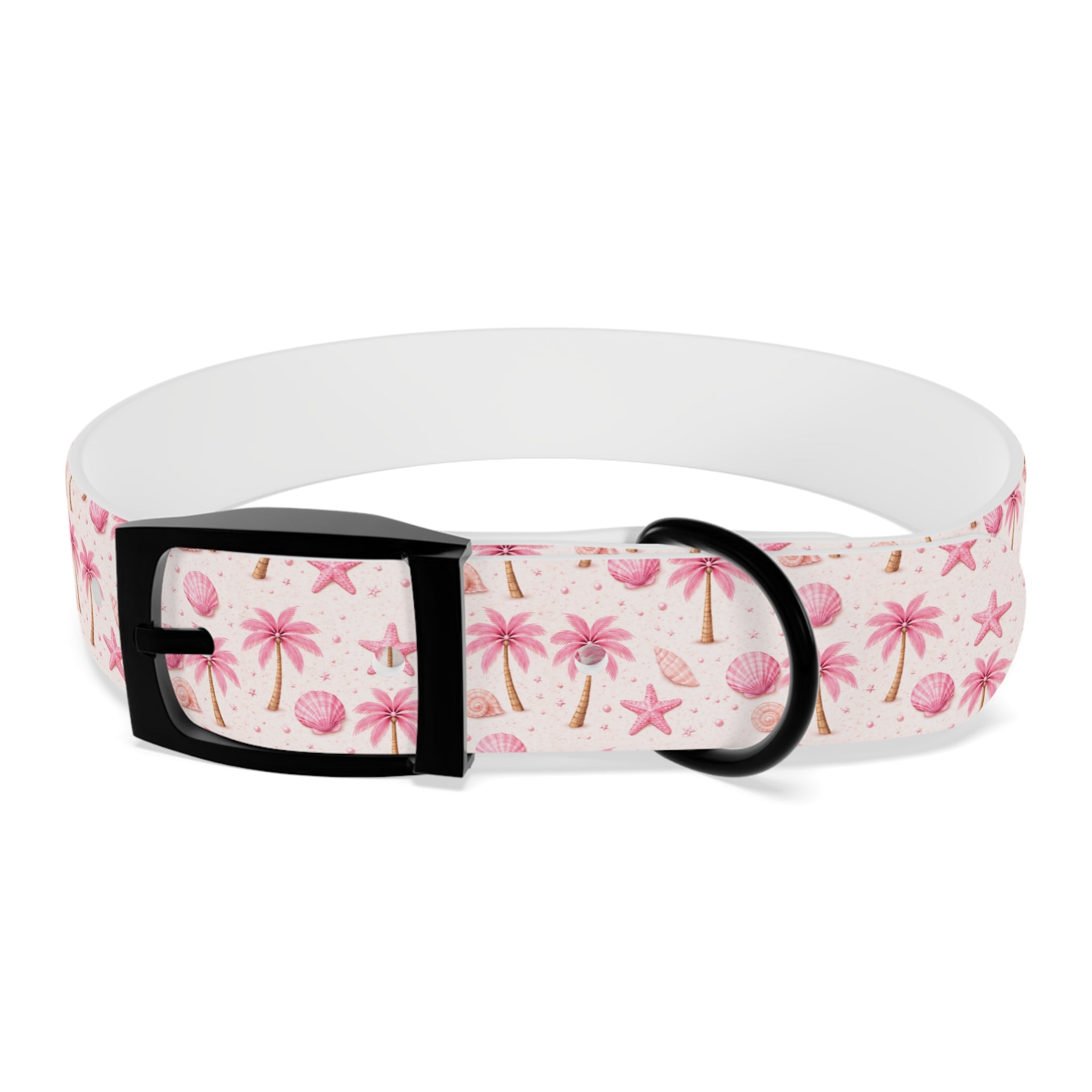 Pink Seashell Palm Tree Pattern Dog Collar | Beach Summer Print