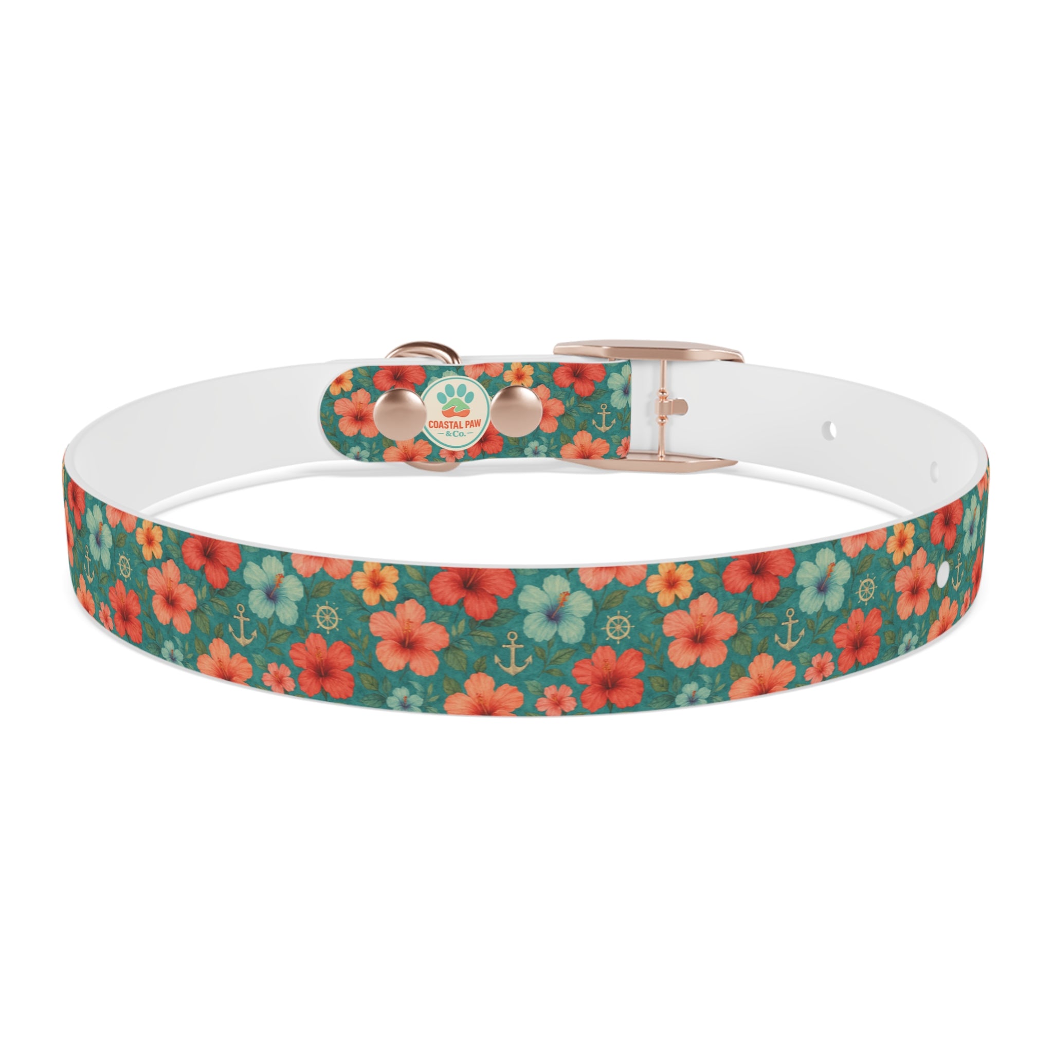 Tropical Hibiscus Pattern Dog Collar | Coral Floral on Teal