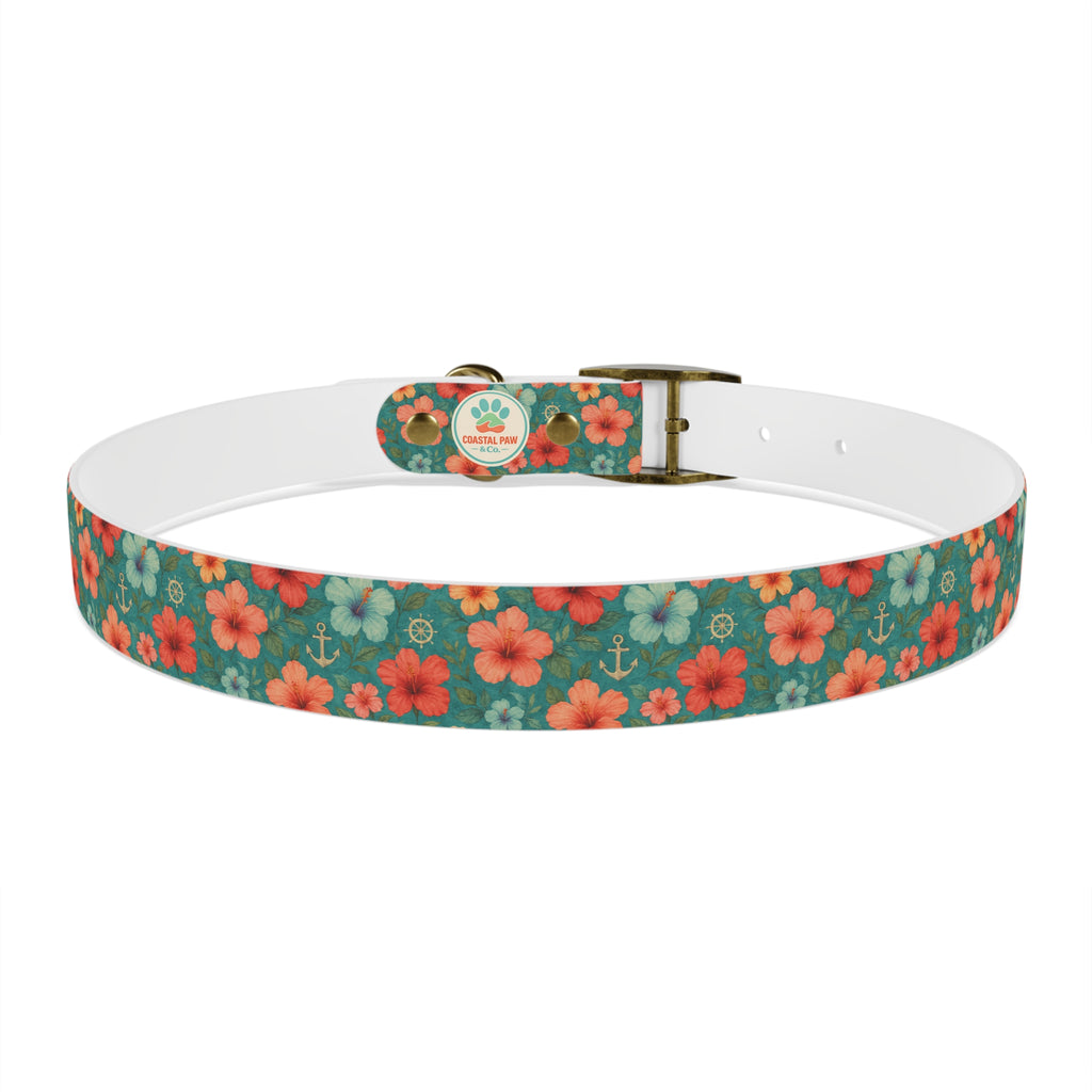 Tropical Hibiscus Pattern Dog Collar | Coral Floral on Teal