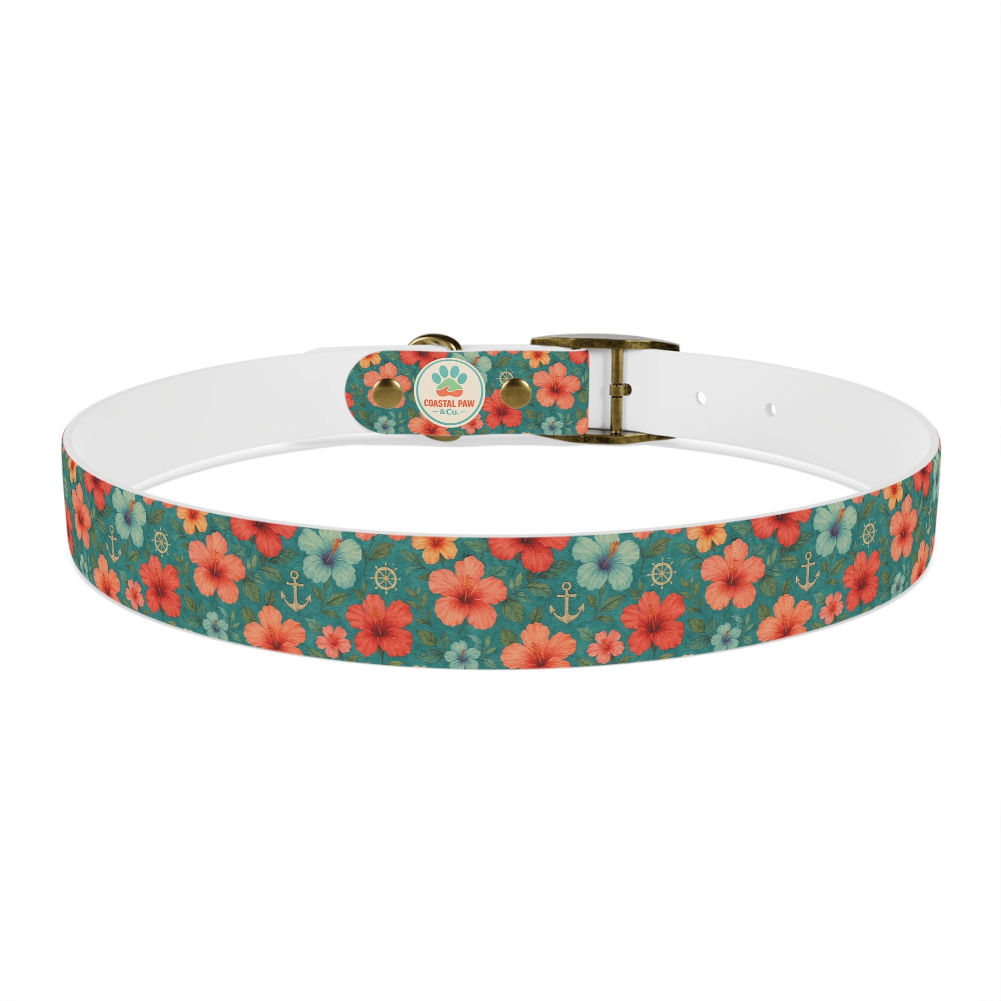 Tropical Hibiscus Pattern Dog Collar | Coral Floral on Teal