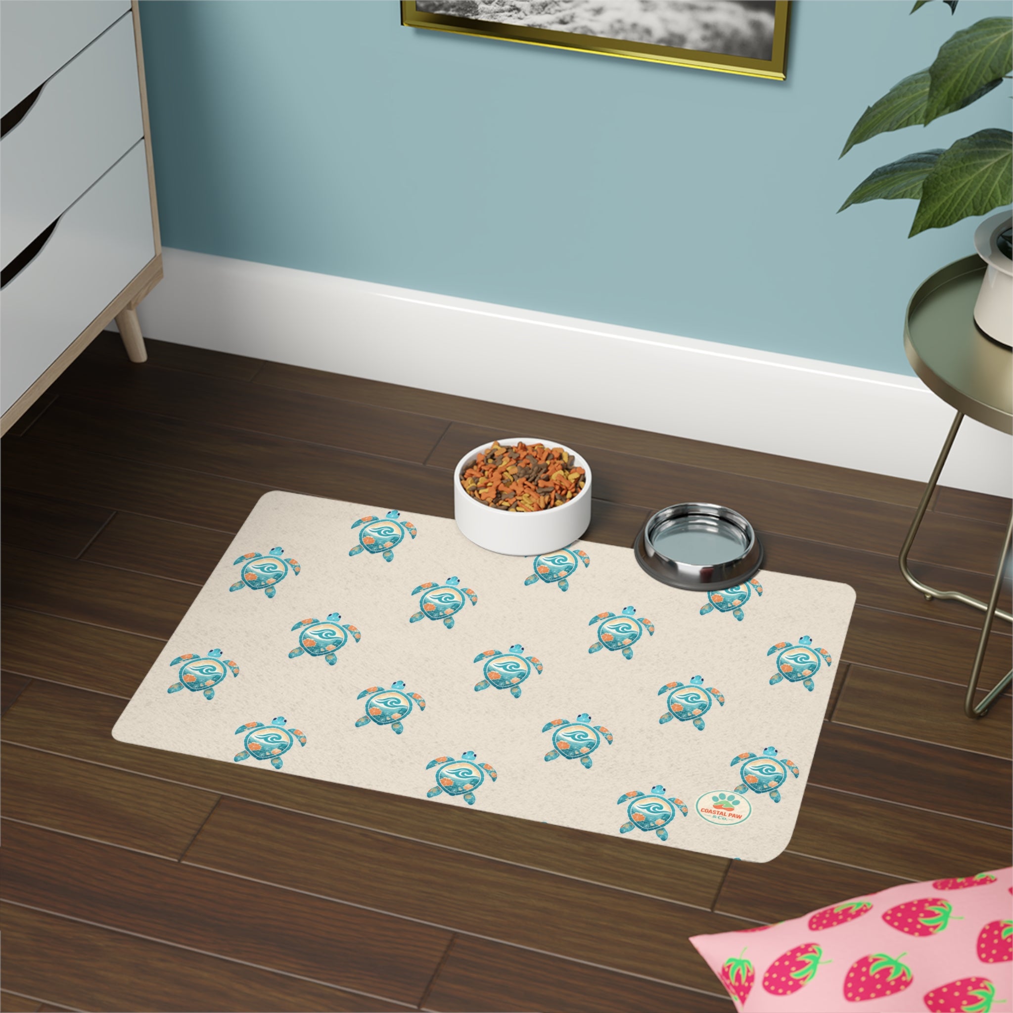 Sea Turtle Pattern Pet Food Mat 12x18 | Waterproof Non-Slip Placemat