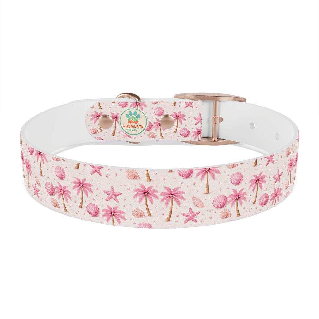 Pink Seashell Palm Tree Pattern Dog Collar | Beach Summer Print