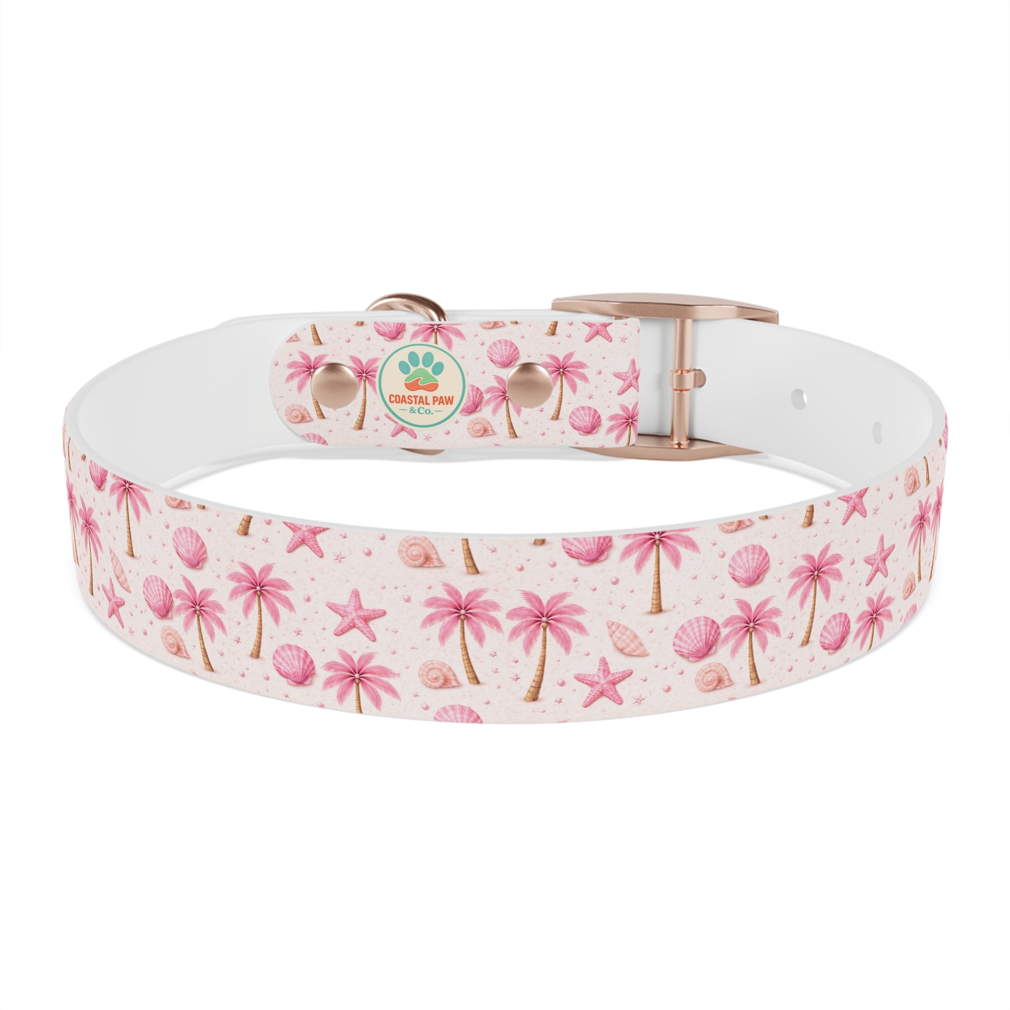 Pink Seashell Palm Tree Pattern Dog Collar | Beach Summer Print