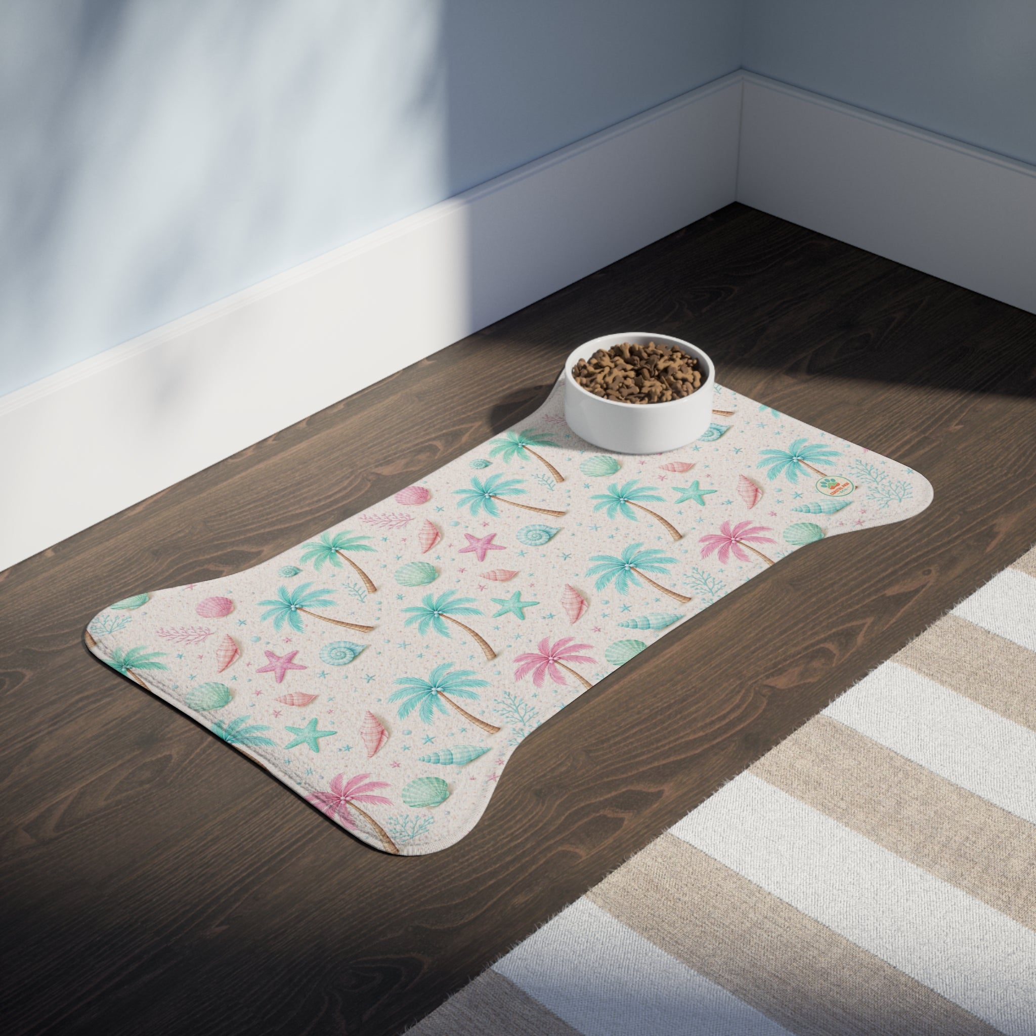 Tropical Palm Shells Pet Feeding Mat | Coastal Beach Pattern