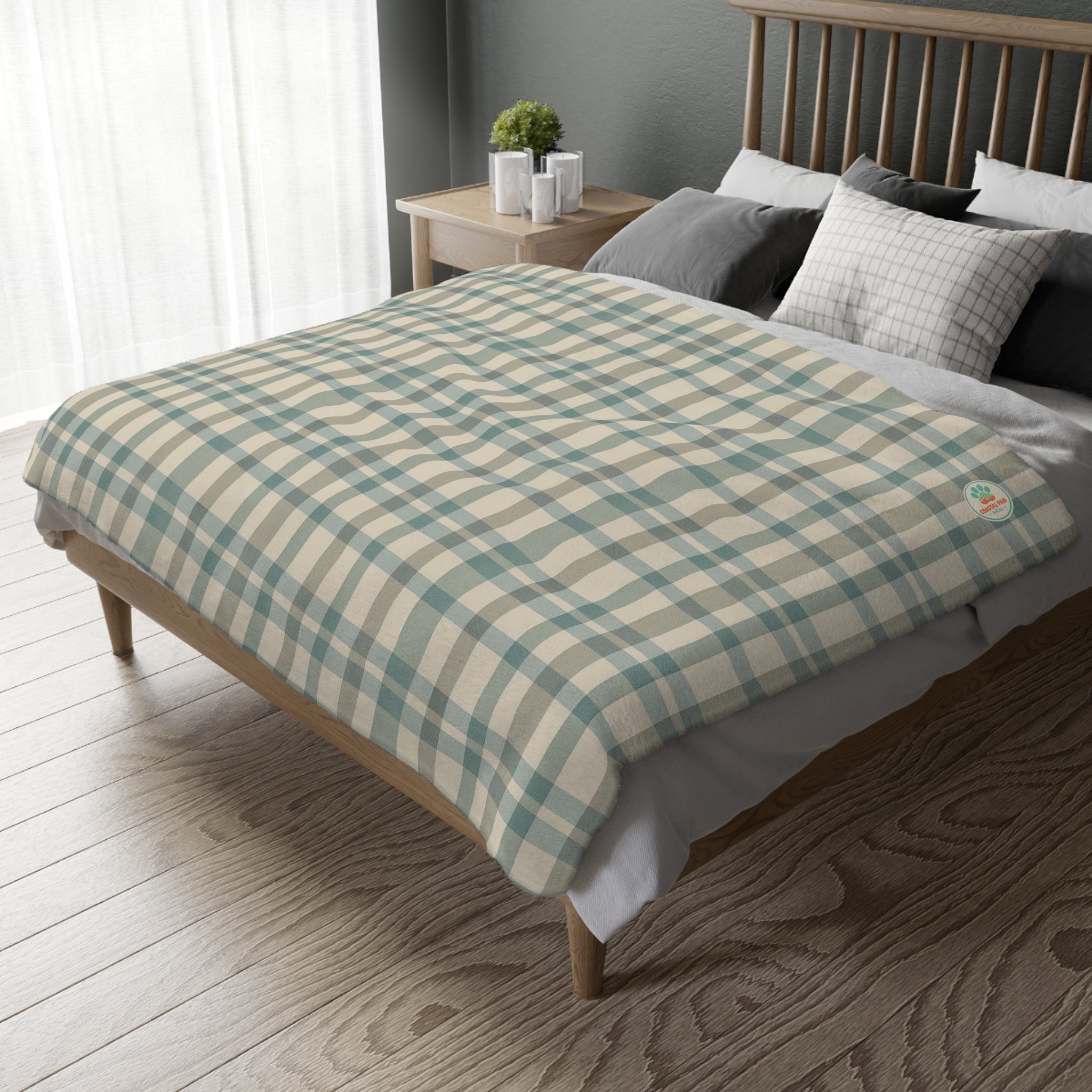 Blue Plaid and Palm Trees Blanket | Reversible Two-Sided Throw