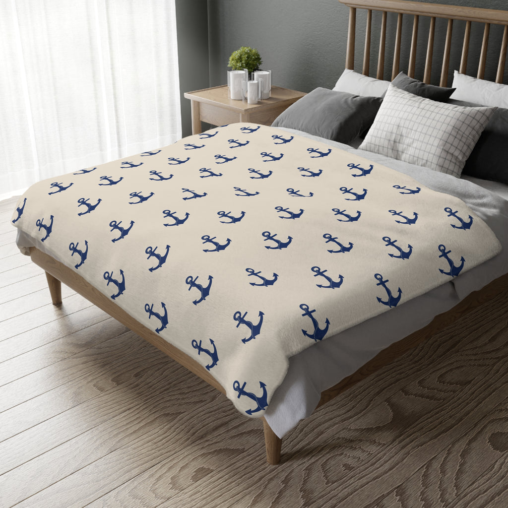 Navy Anchor Pattern Blanket | Velveteen Microfiber Throw