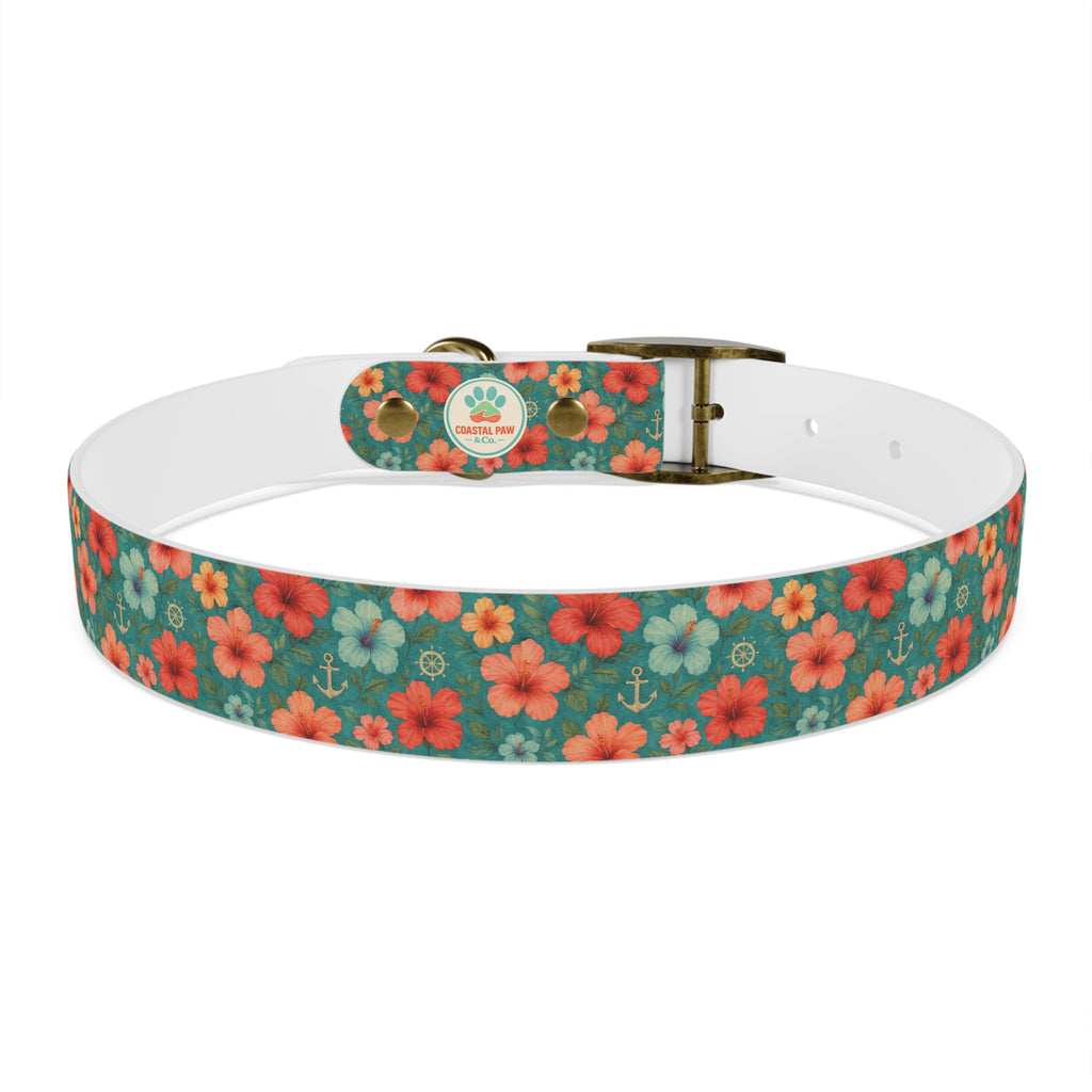 Tropical Hibiscus Pattern Dog Collar | Coral Floral on Teal