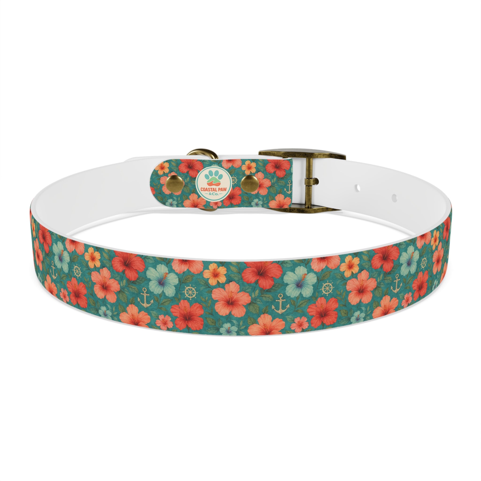 Tropical Hibiscus Pattern Dog Collar | Coral Floral on Teal