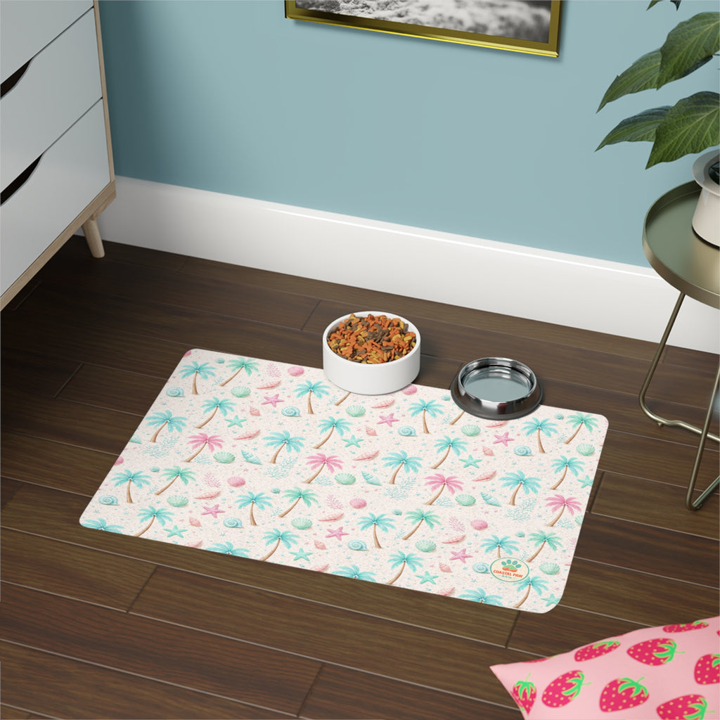 Pastel Beach Palm Tree Pet Food Mat, 12x18 | Seashells, Starfish Design