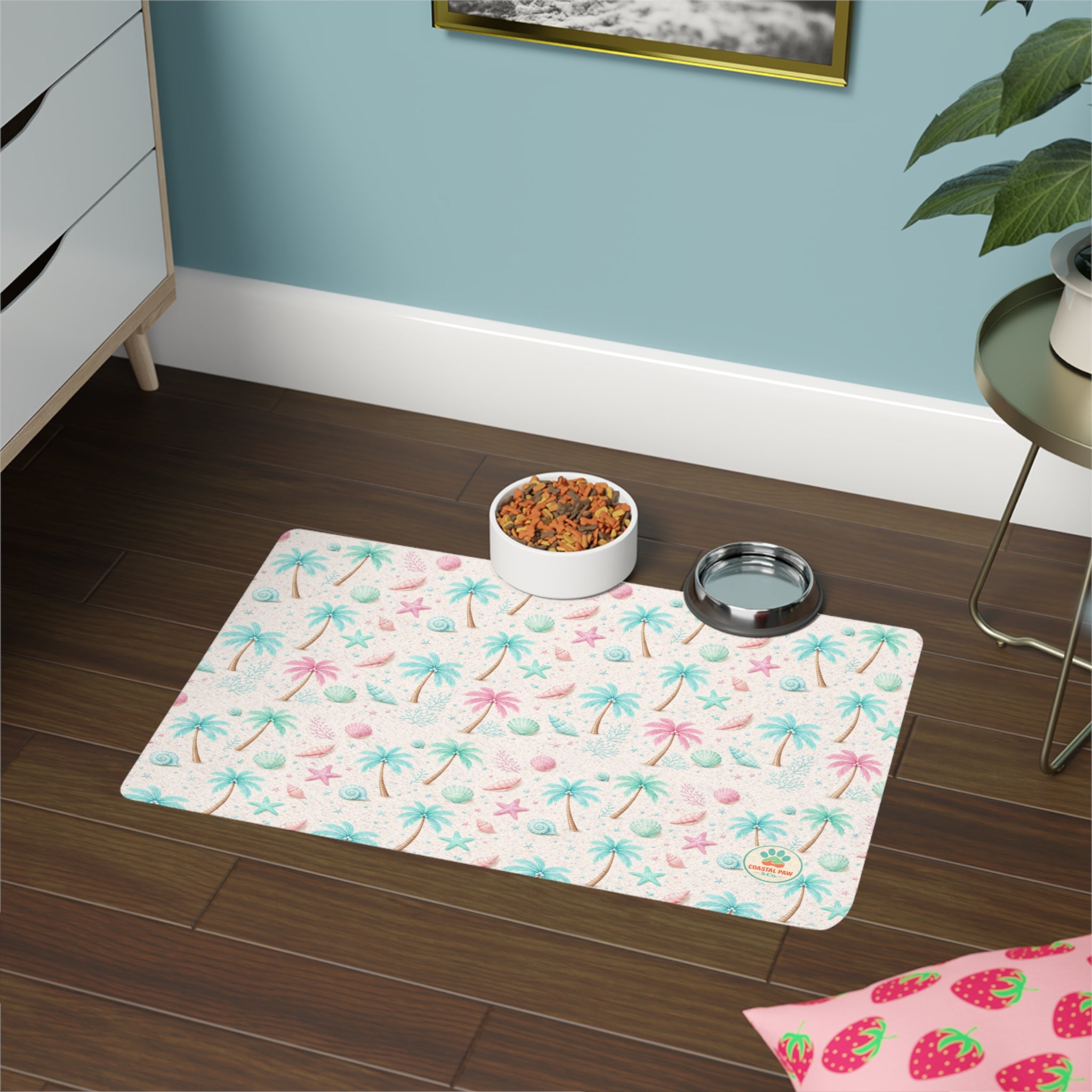 Pastel Beach Palm Tree Pet Food Mat, 12x18 | Seashells, Starfish Design