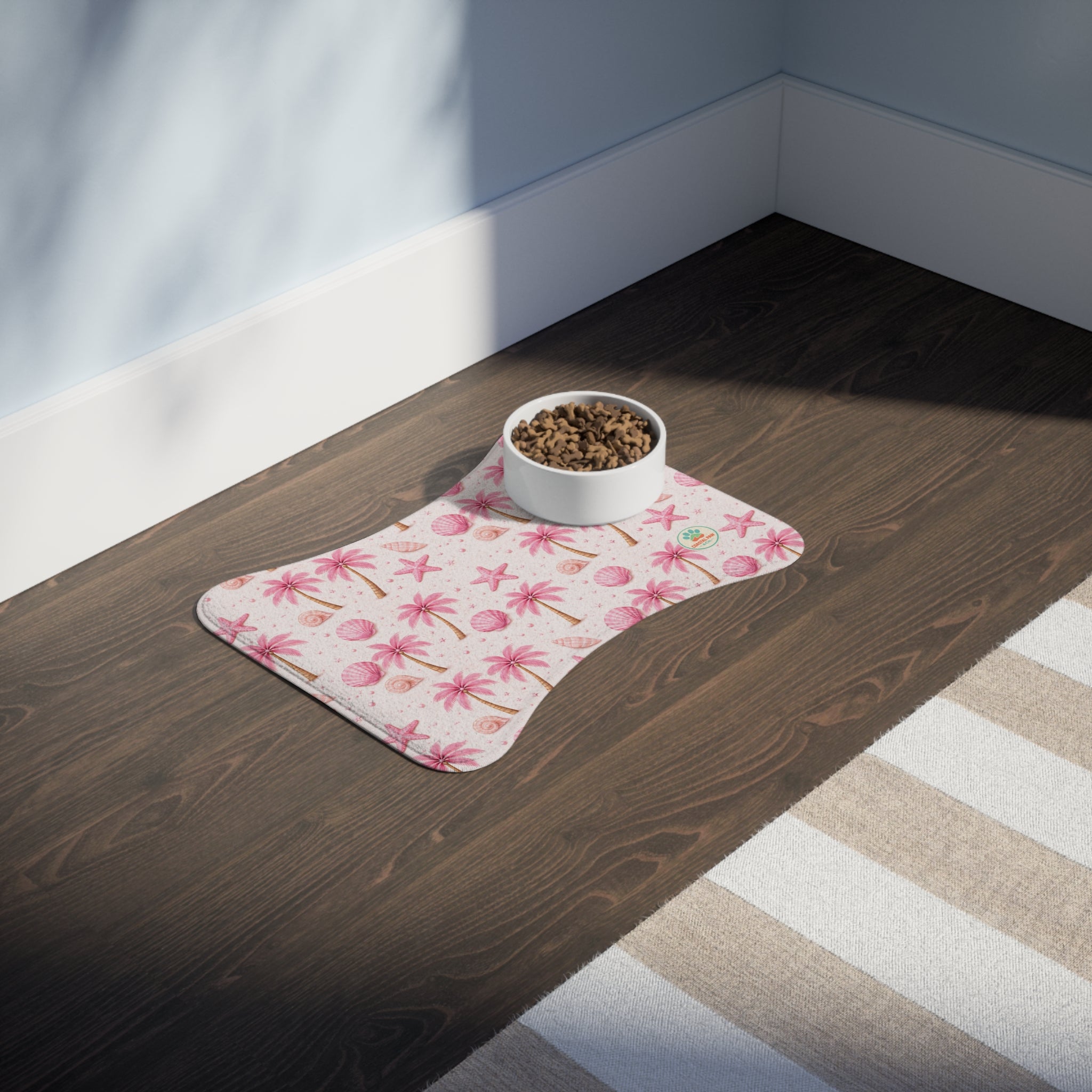 Pink Palm Trees Seashells Pet Feeding Mat | Spill proof Non-slip Placemat