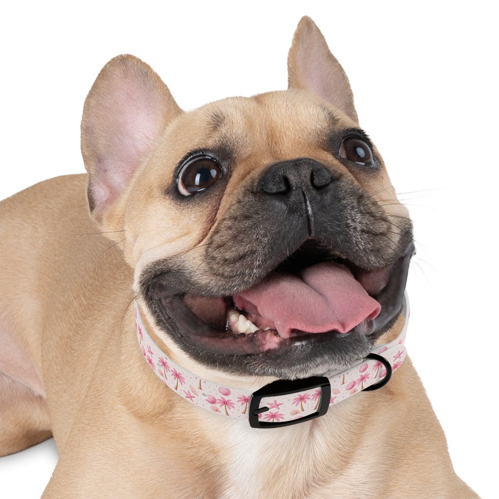Pink Seashell Palm Tree Pattern Dog Collar | Beach Summer Print