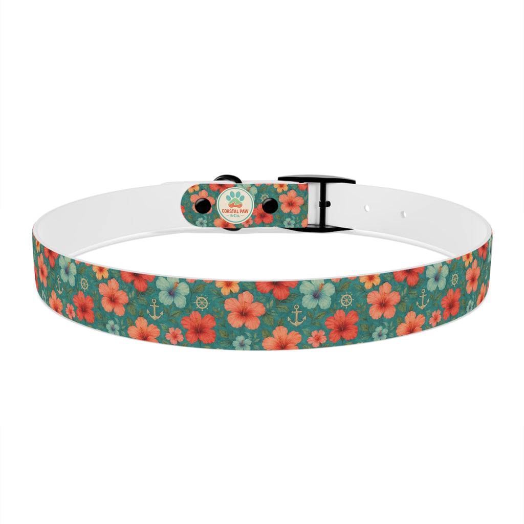 Tropical Hibiscus Pattern Dog Collar | Coral Floral on Teal