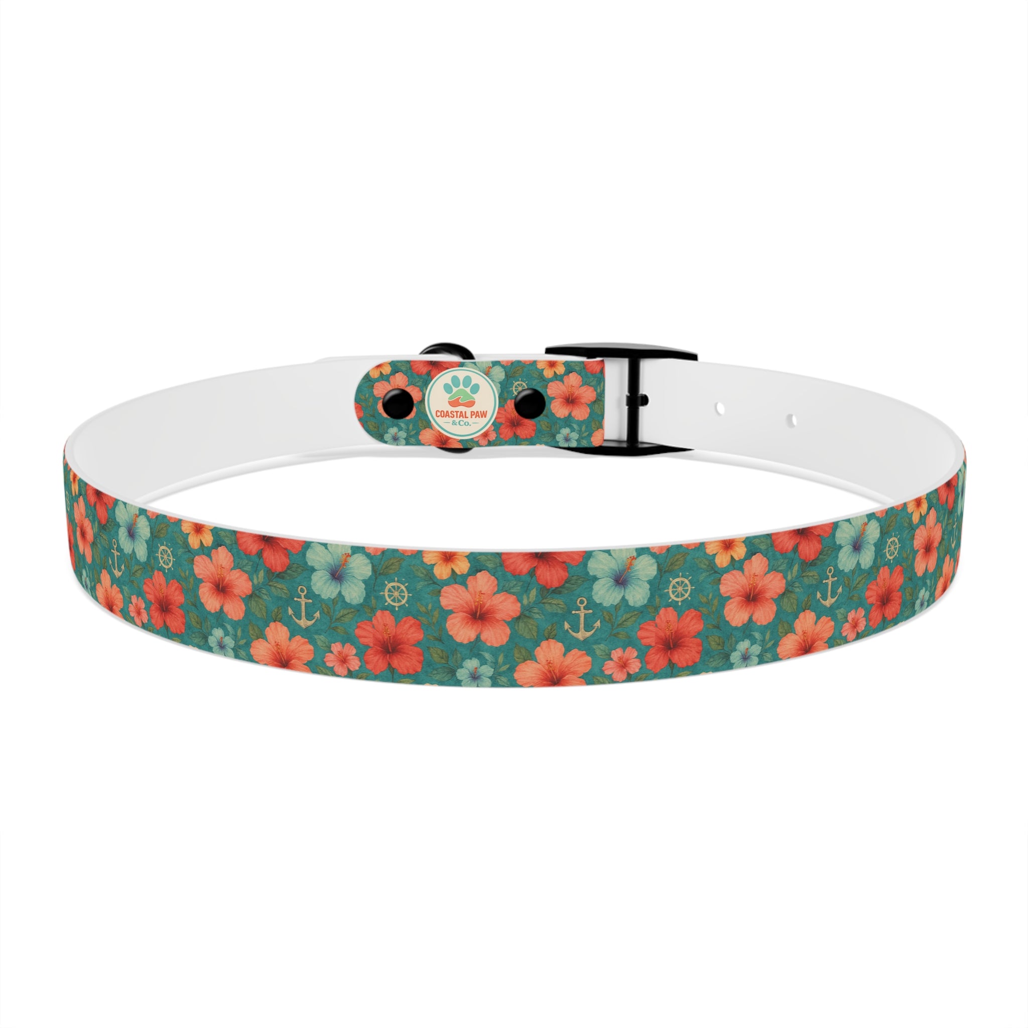 Tropical Hibiscus Pattern Dog Collar | Coral Floral on Teal