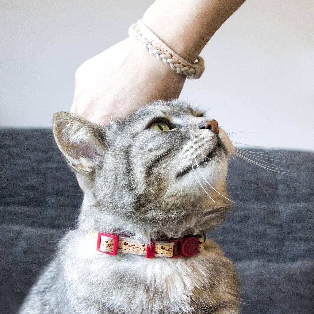 Breakaway Cat Collar & Matching Friendship Bracelet – Adjustable, Soft Cotton Collar for Cats, Quick-Release Safety Buckle, Lightweight, Stylish, Anti-Lost ID Tag, Red