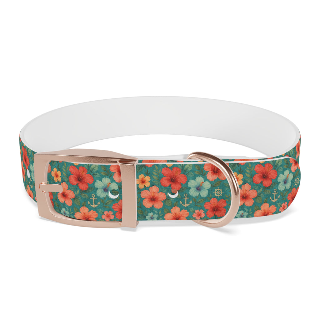 Tropical Hibiscus Pattern Dog Collar | Coral Floral on Teal