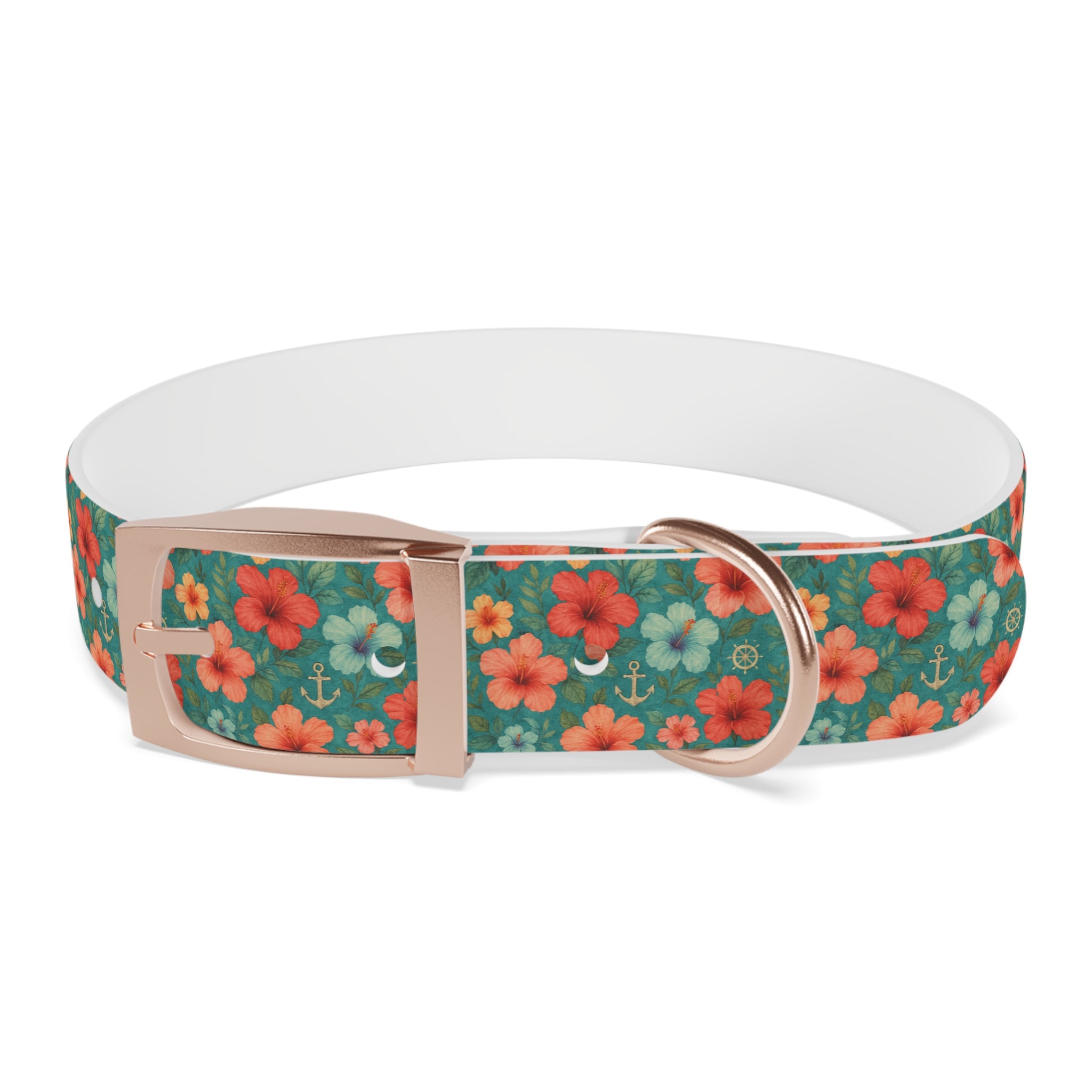 Tropical Hibiscus Pattern Dog Collar | Coral Floral on Teal
