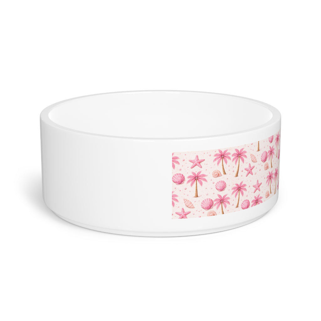 Pink Seashell Palm Pattern Pet Bowl | Tropical Beach Design