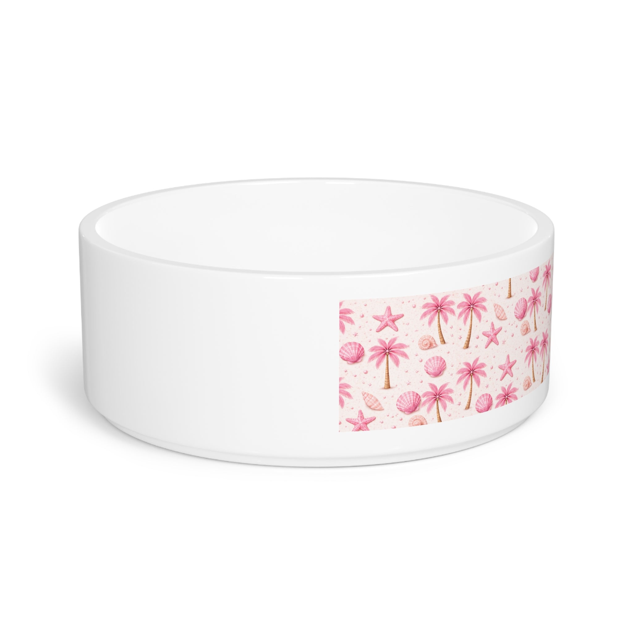 Pink Seashell Palm Pattern Pet Bowl | Tropical Beach Design