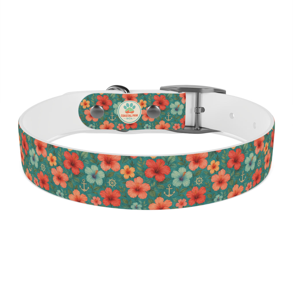 Tropical Hibiscus Pattern Dog Collar | Coral Floral on Teal