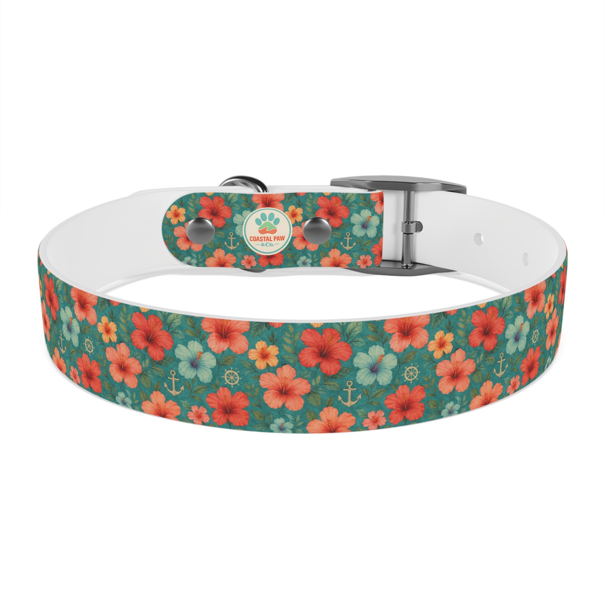 Tropical Hibiscus Pattern Dog Collar | Coral Floral on Teal