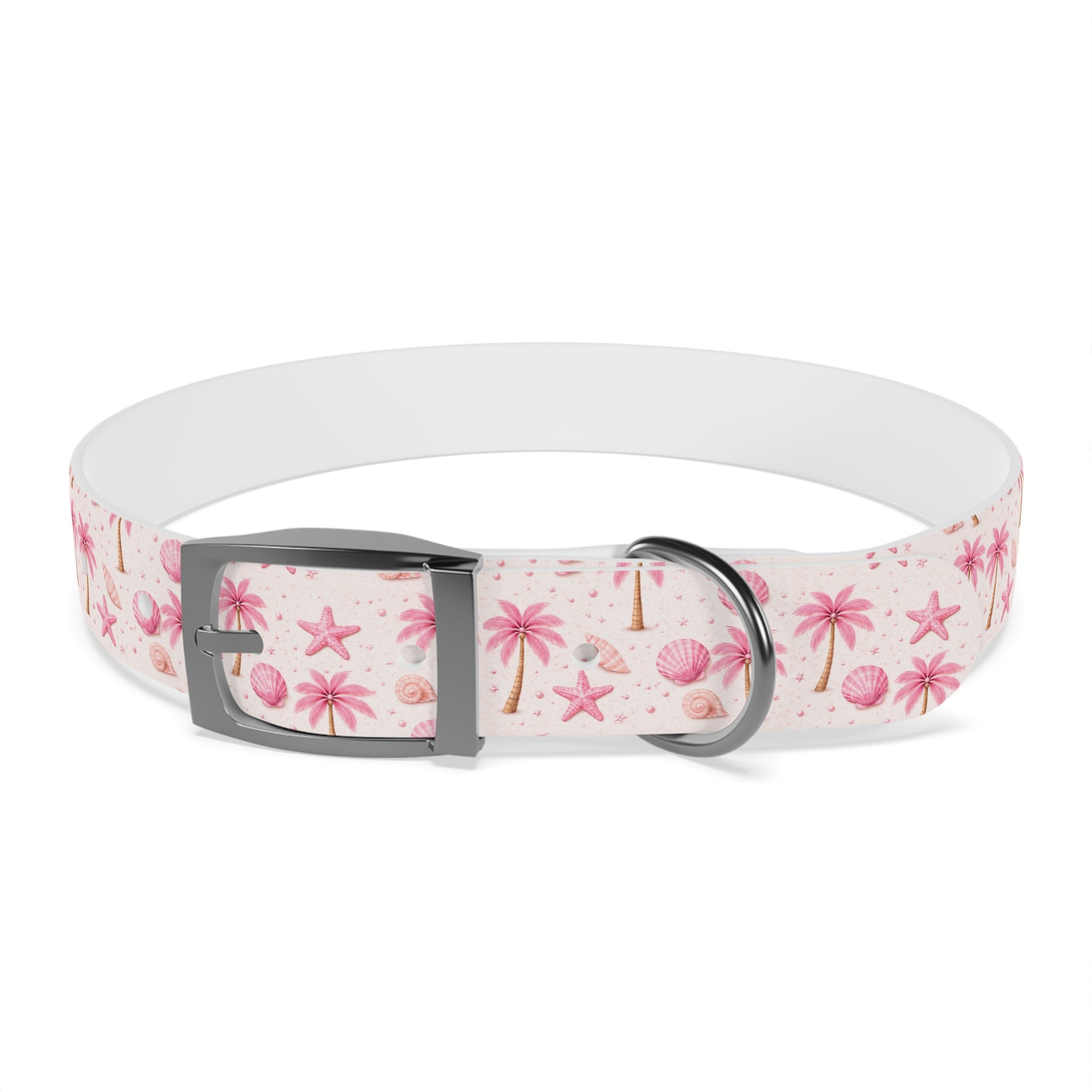Pink Seashell Palm Tree Pattern Dog Collar | Beach Summer Print