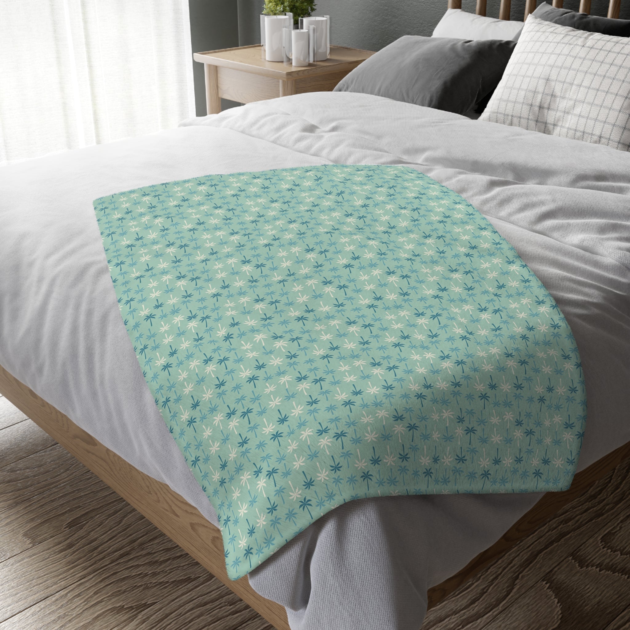 Teal Palm Pattern Blanket | Velveteen Microfiber Two-Sided Throw