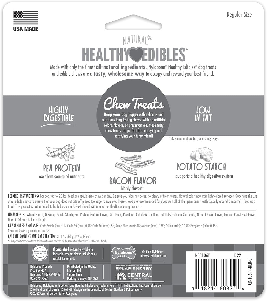 Healthy Edibles Natural Dog Chews Long Lasting Bacon Flavor Treats for Dogs, Small/Regular (3 Count)