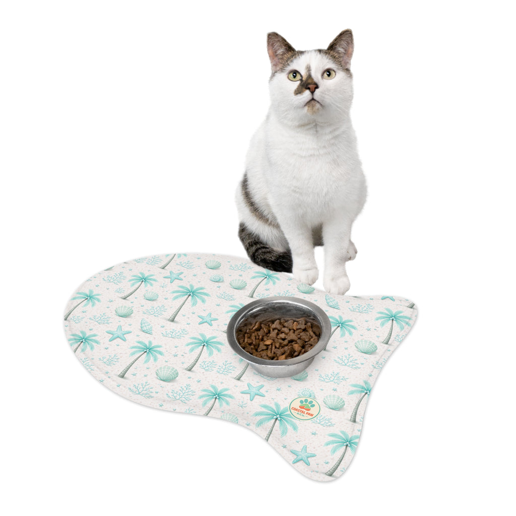 Aqua Palm Tree Pattern Pet Feeding Mat | Coastal Beach Design, Non-Slip
