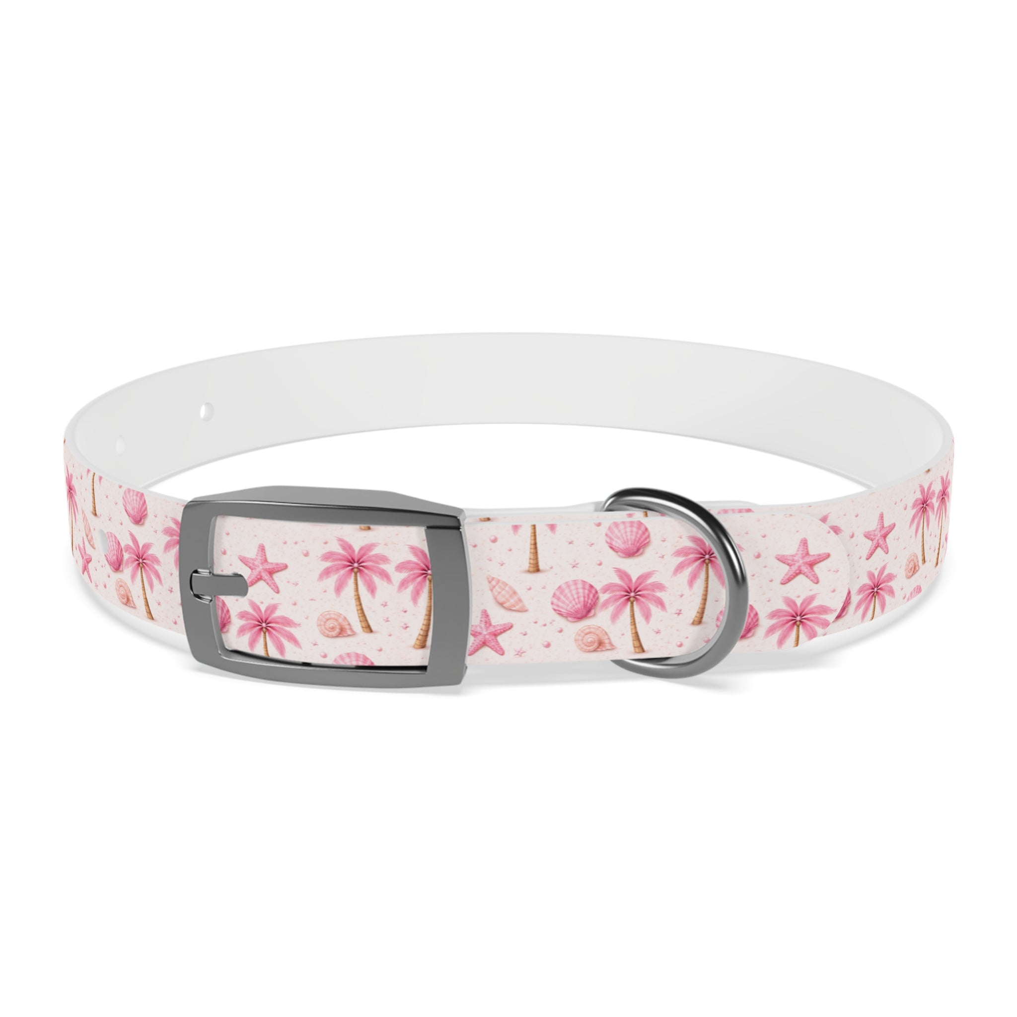 Pink Seashell Palm Tree Pattern Dog Collar | Beach Summer Print