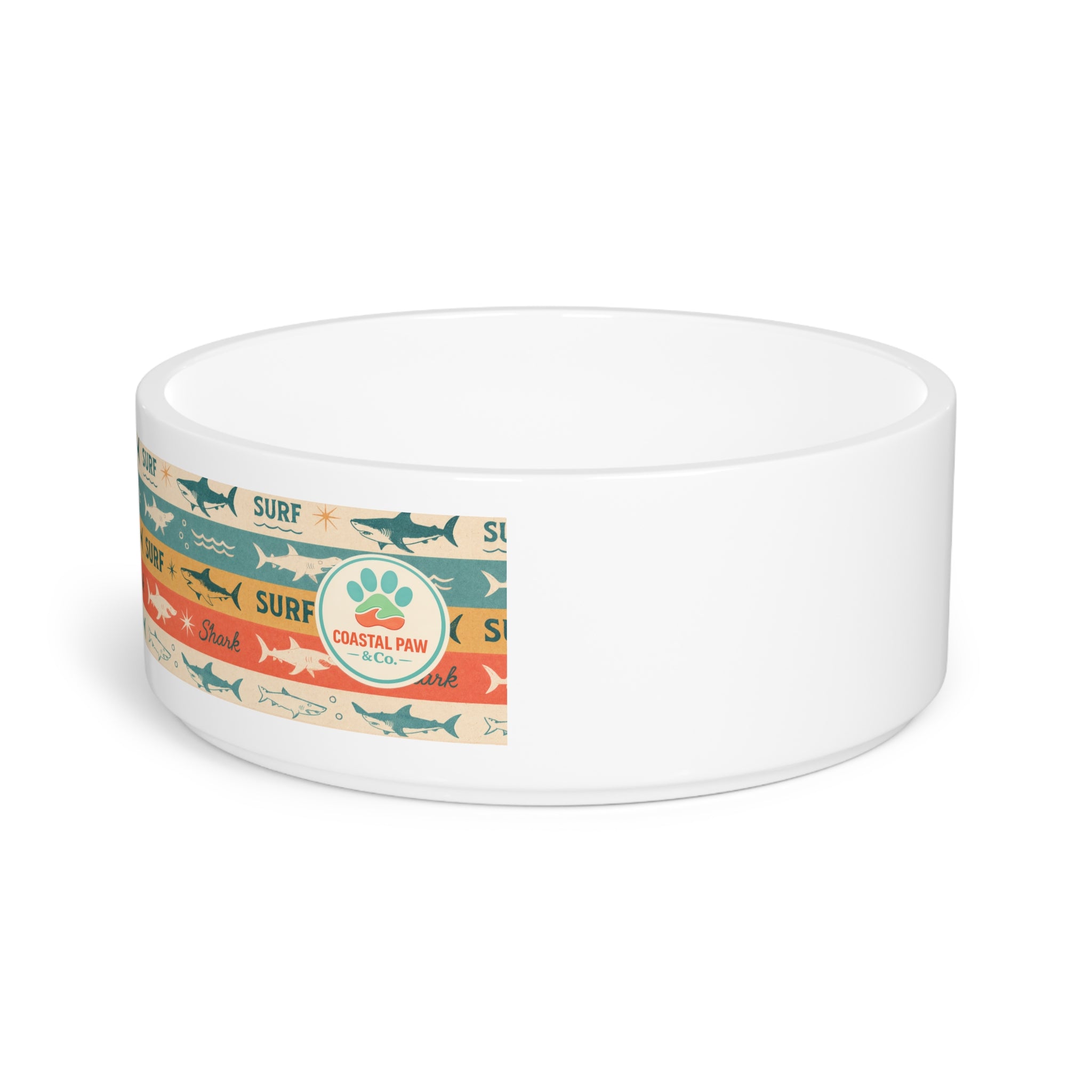 Retro Surf Sharks Pet Bowl | Coastal Stripes, Nautical Dog Cat Bowl